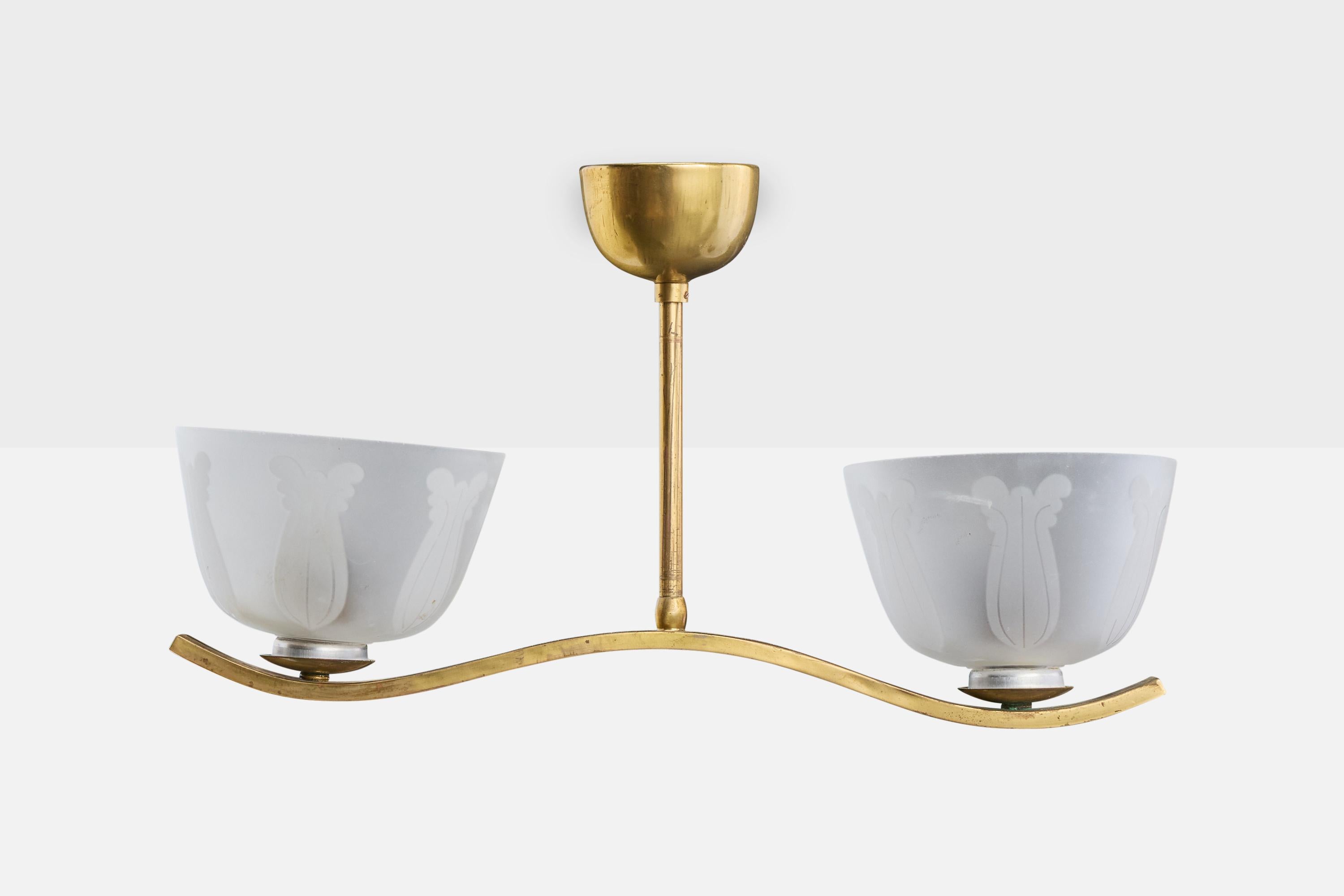 Scandinavian Modern Swedish Designer, Chandelier, Brass, Glass, Sweden, 1940s For Sale