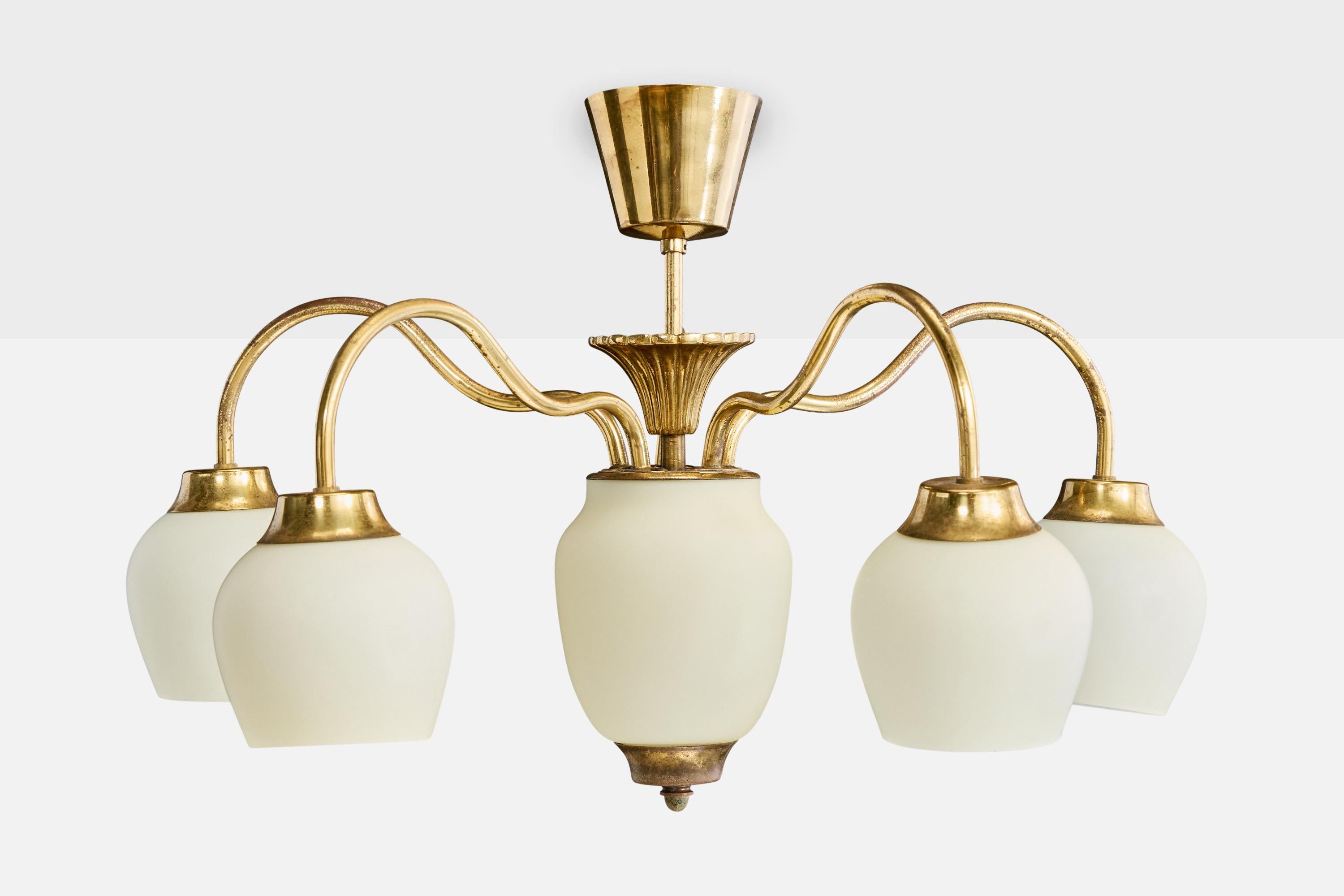 Mid-Century Modern Swedish Designer, Chandelier, Brass, Glass, Sweden, 1940s For Sale
