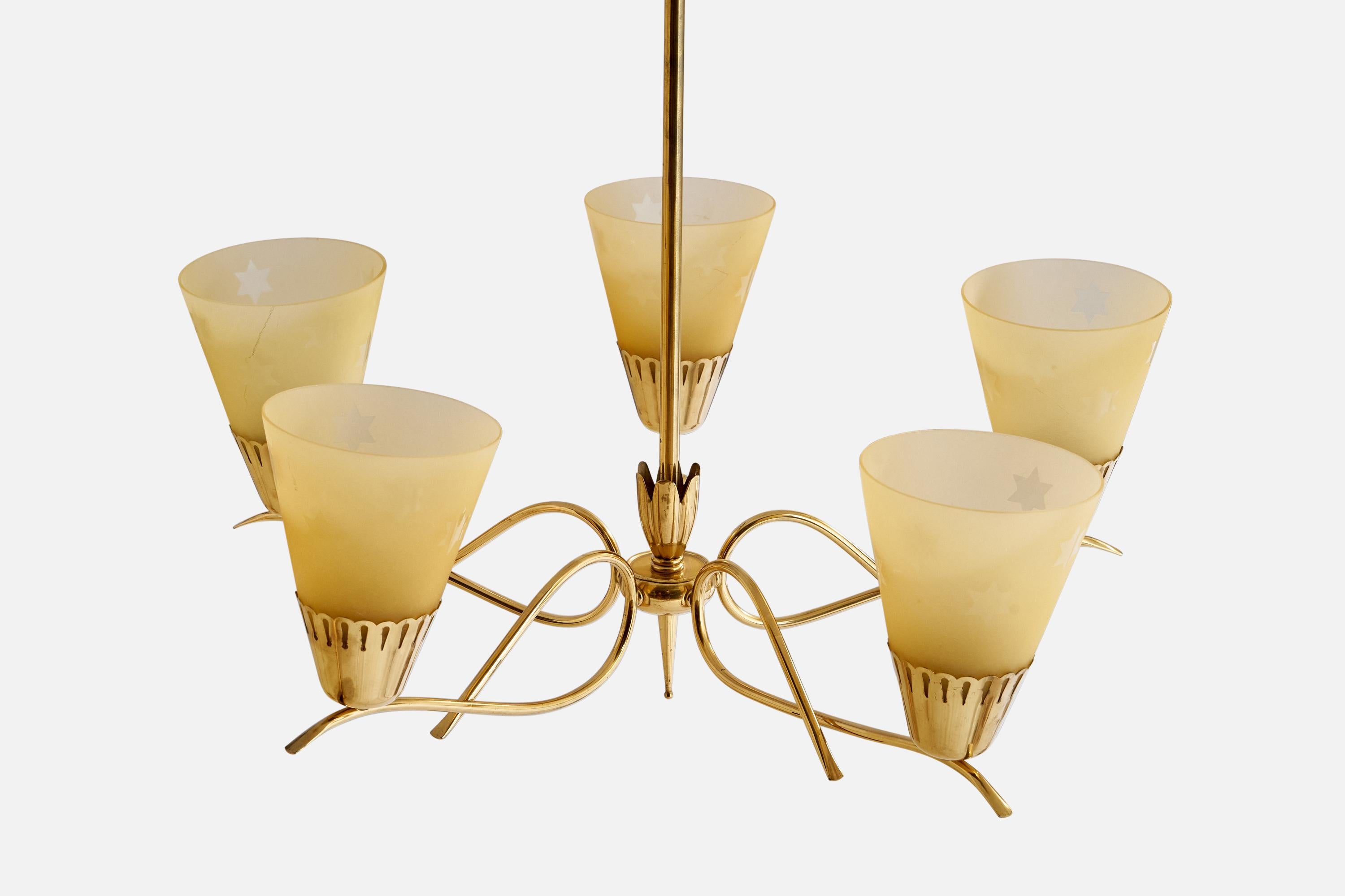 Swedish Designer, Chandelier, Brass, Glass, Sweden, 1940s In Good Condition For Sale In High Point, NC