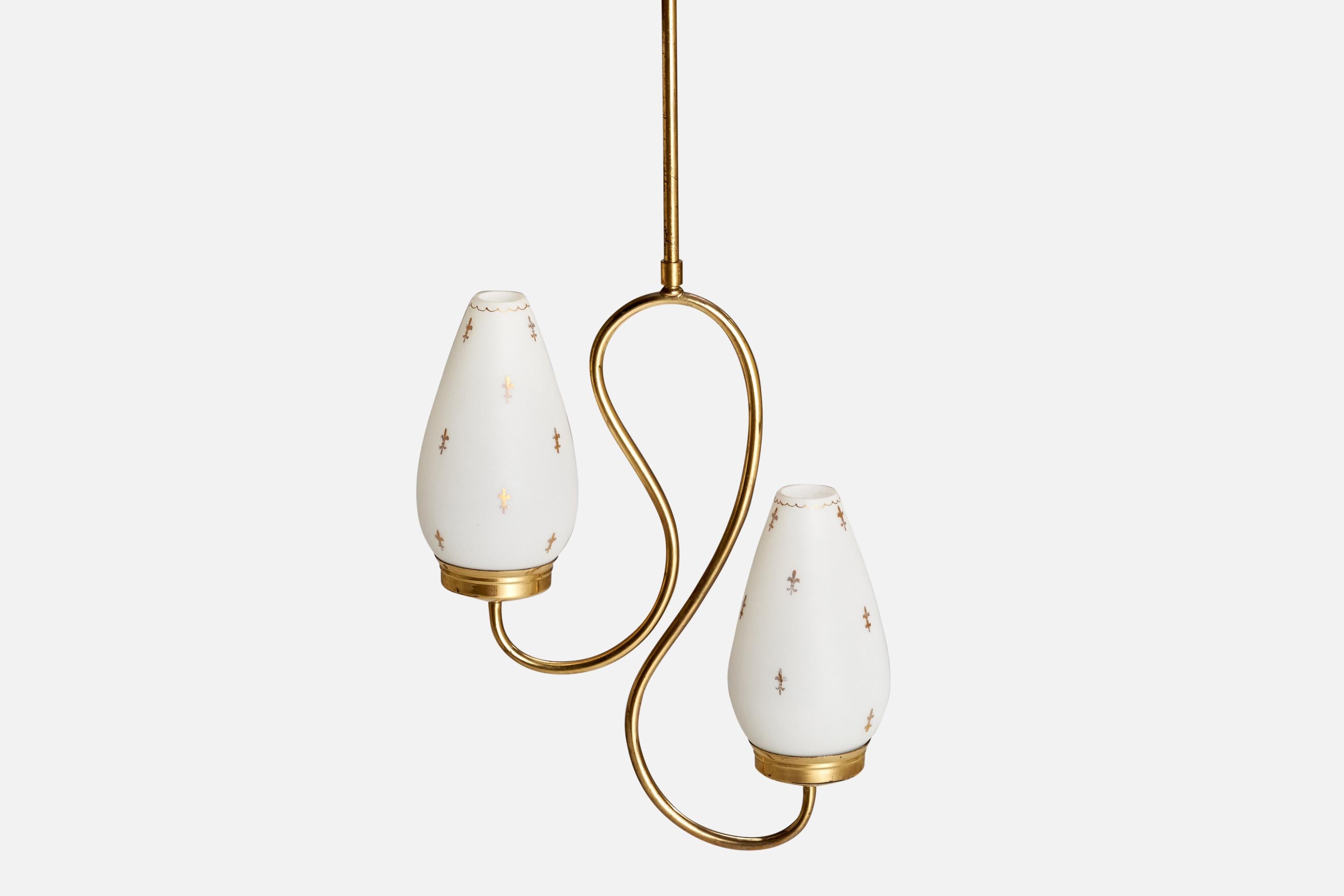Swedish Designer, Chandelier, Brass, Glass, Sweden, 1940s In Good Condition For Sale In High Point, NC