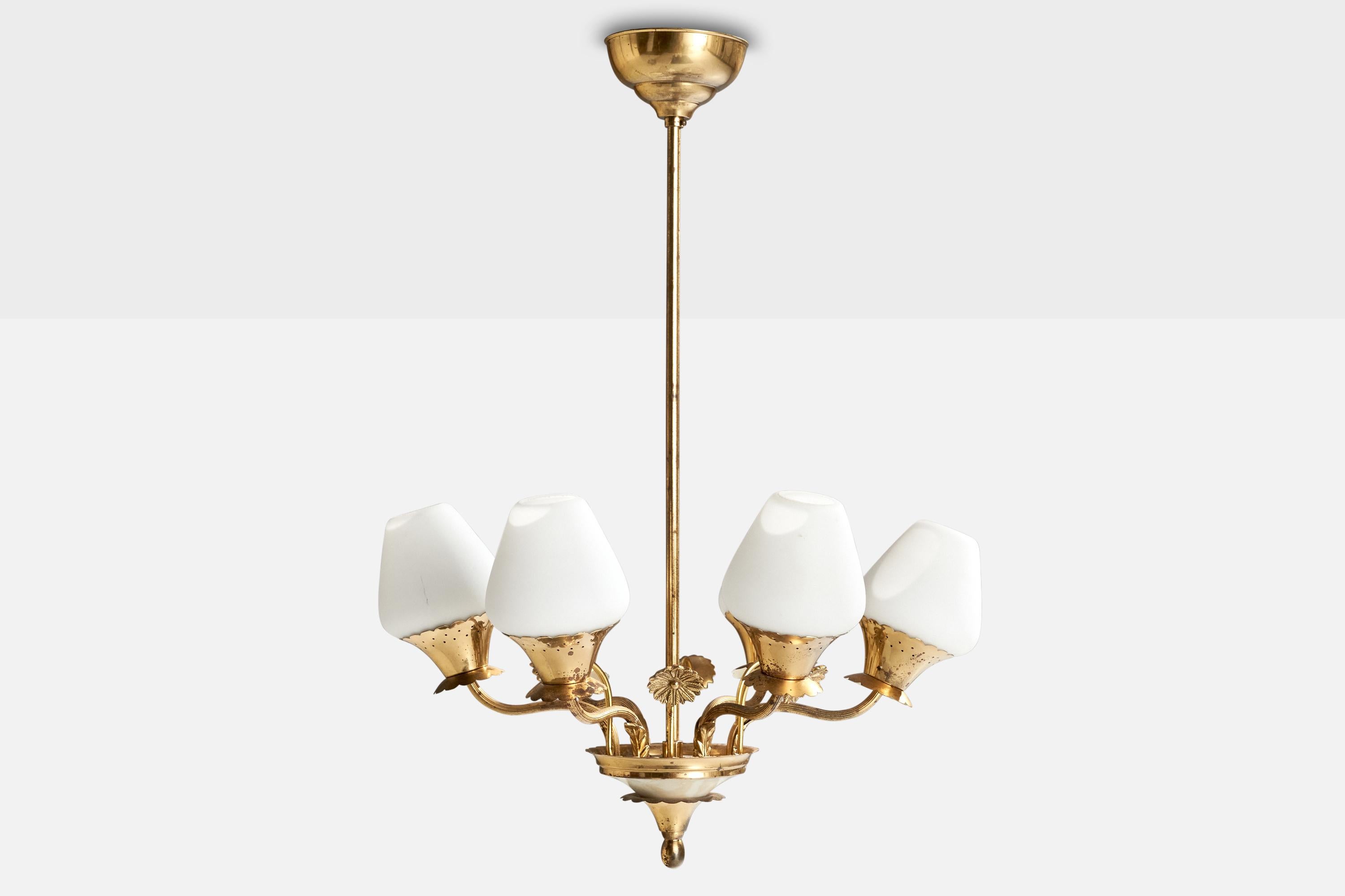 Swedish Designer, Chandelier, Brass, Glass, Sweden, 1940s In Good Condition For Sale In High Point, NC