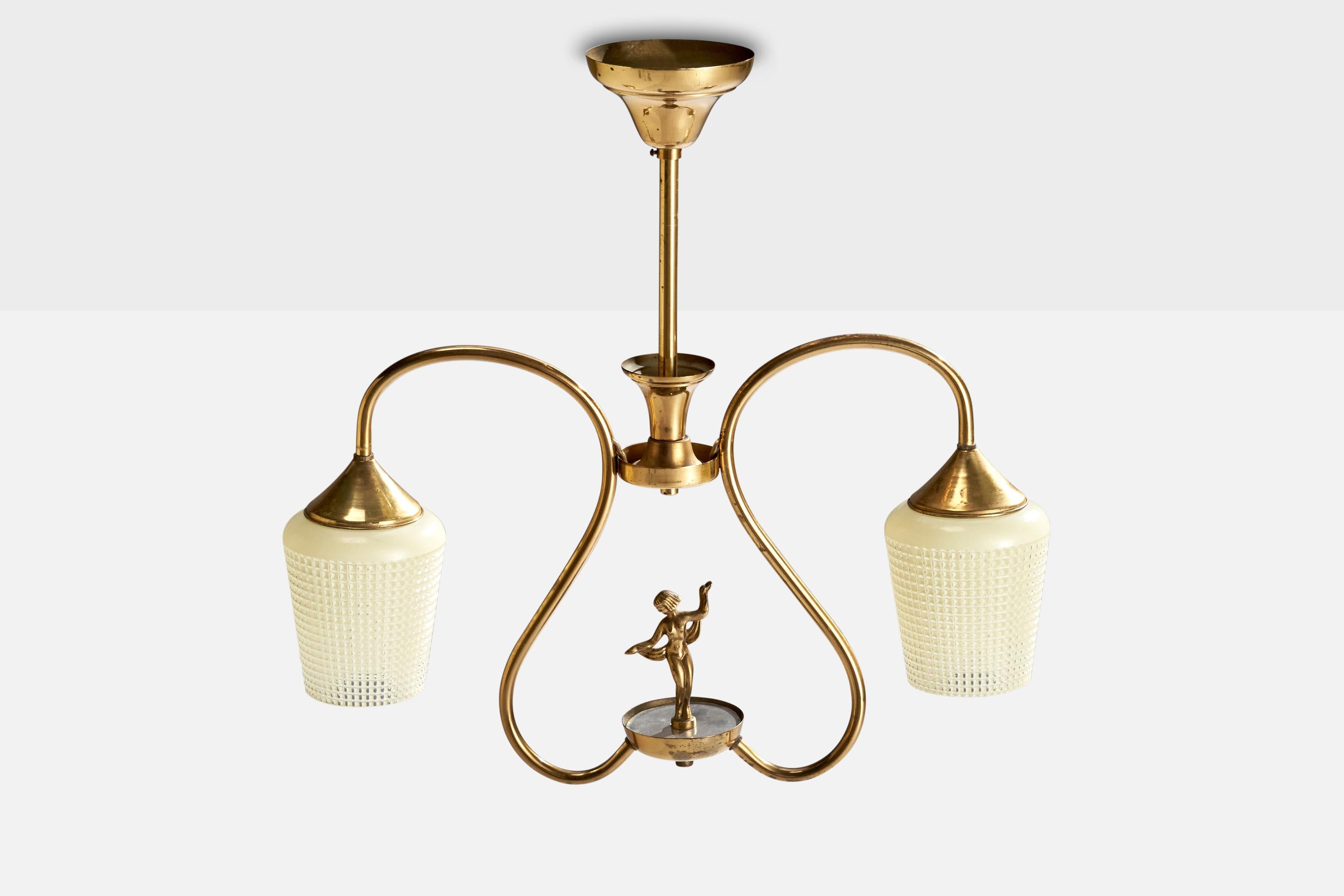 Schwedischer Designer, Kronleuchter, Messing, Glas, Schweden, 1940er Jahre im Zustand „Gut“ im Angebot in High Point, NC