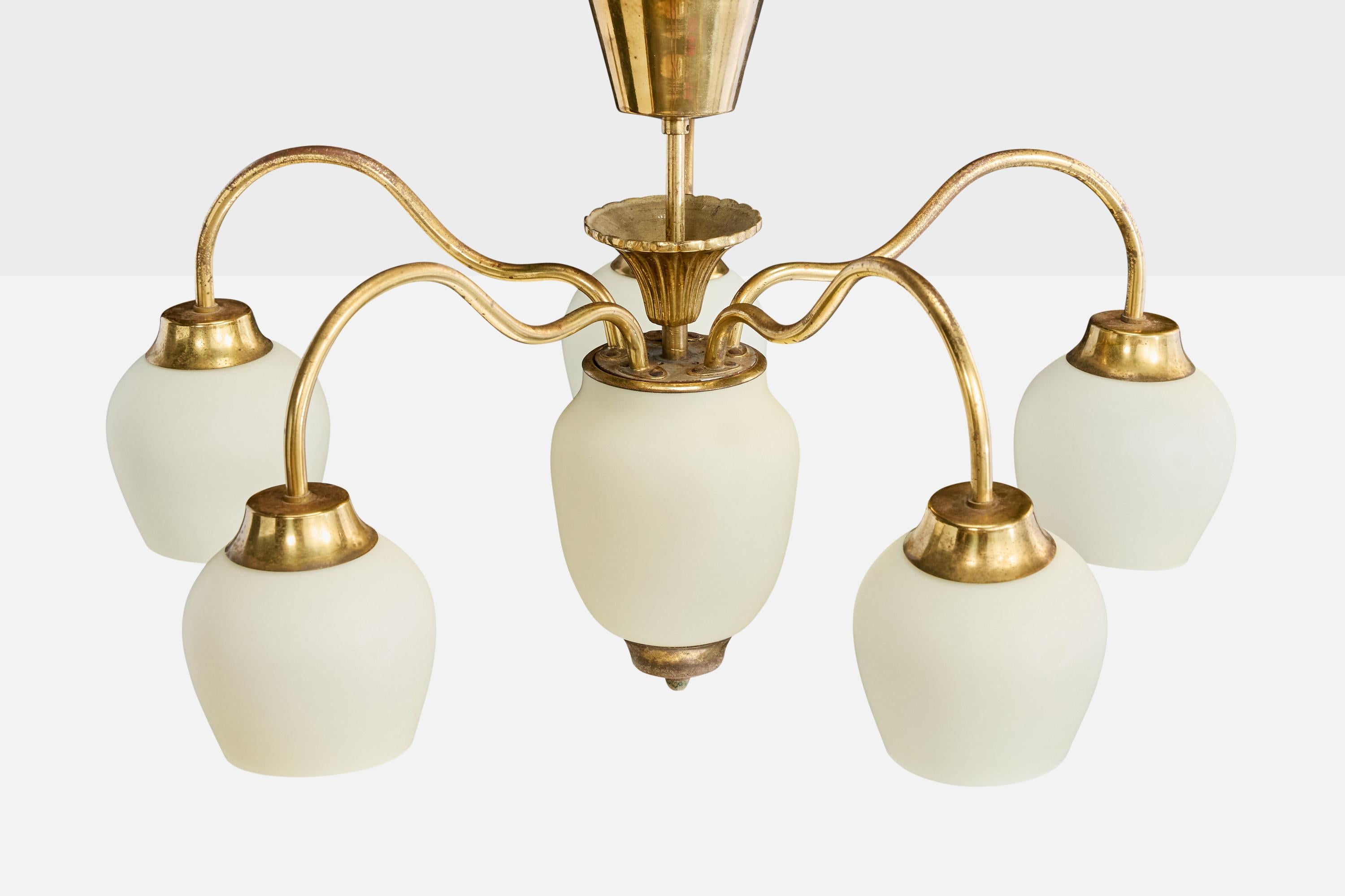 Swedish Designer, Chandelier, Brass, Glass, Sweden, 1940s In Good Condition For Sale In High Point, NC