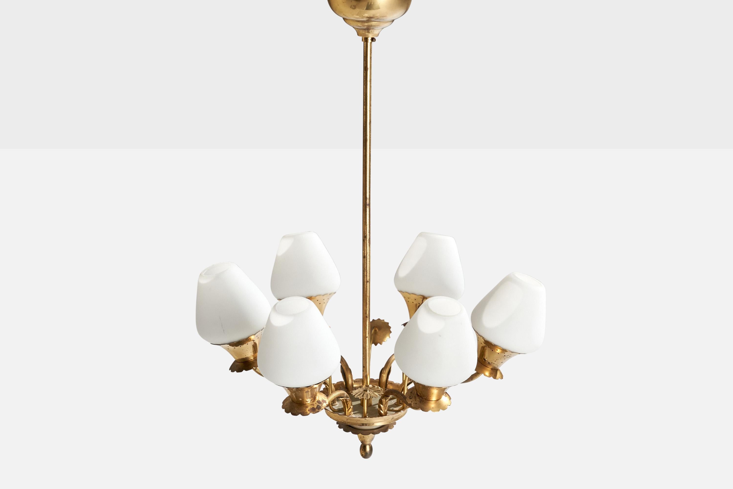 Mid-20th Century Swedish Designer, Chandelier, Brass, Glass, Sweden, 1940s For Sale