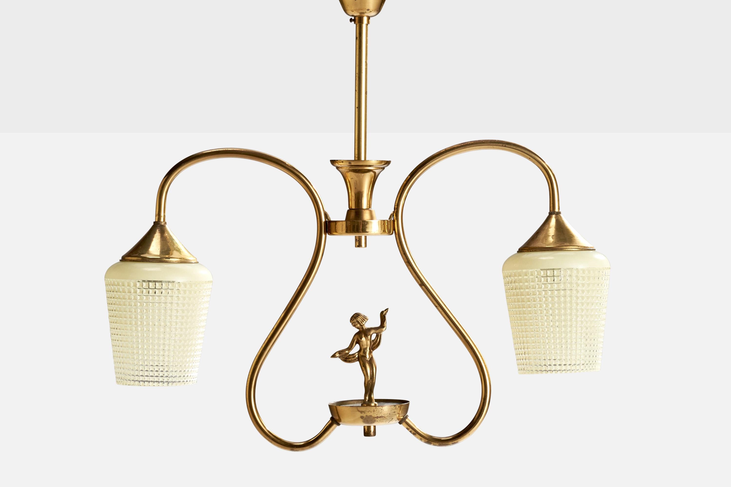 Schwedischer Designer, Kronleuchter, Messing, Glas, Schweden, 1940er Jahre (Mitte des 20. Jahrhunderts) im Angebot