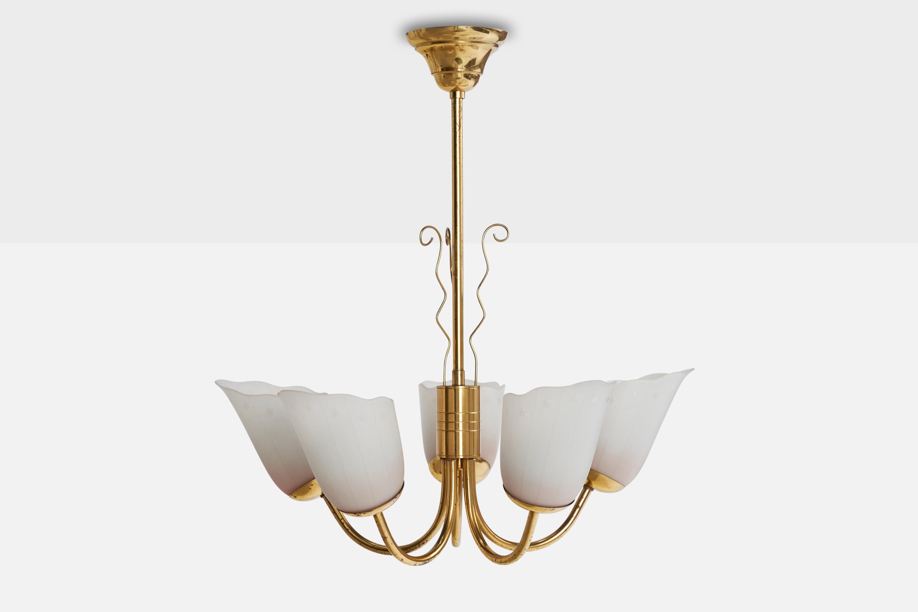 Mid-20th Century Swedish Designer, Chandelier, Brass, Glass, Sweden, 1940s For Sale
