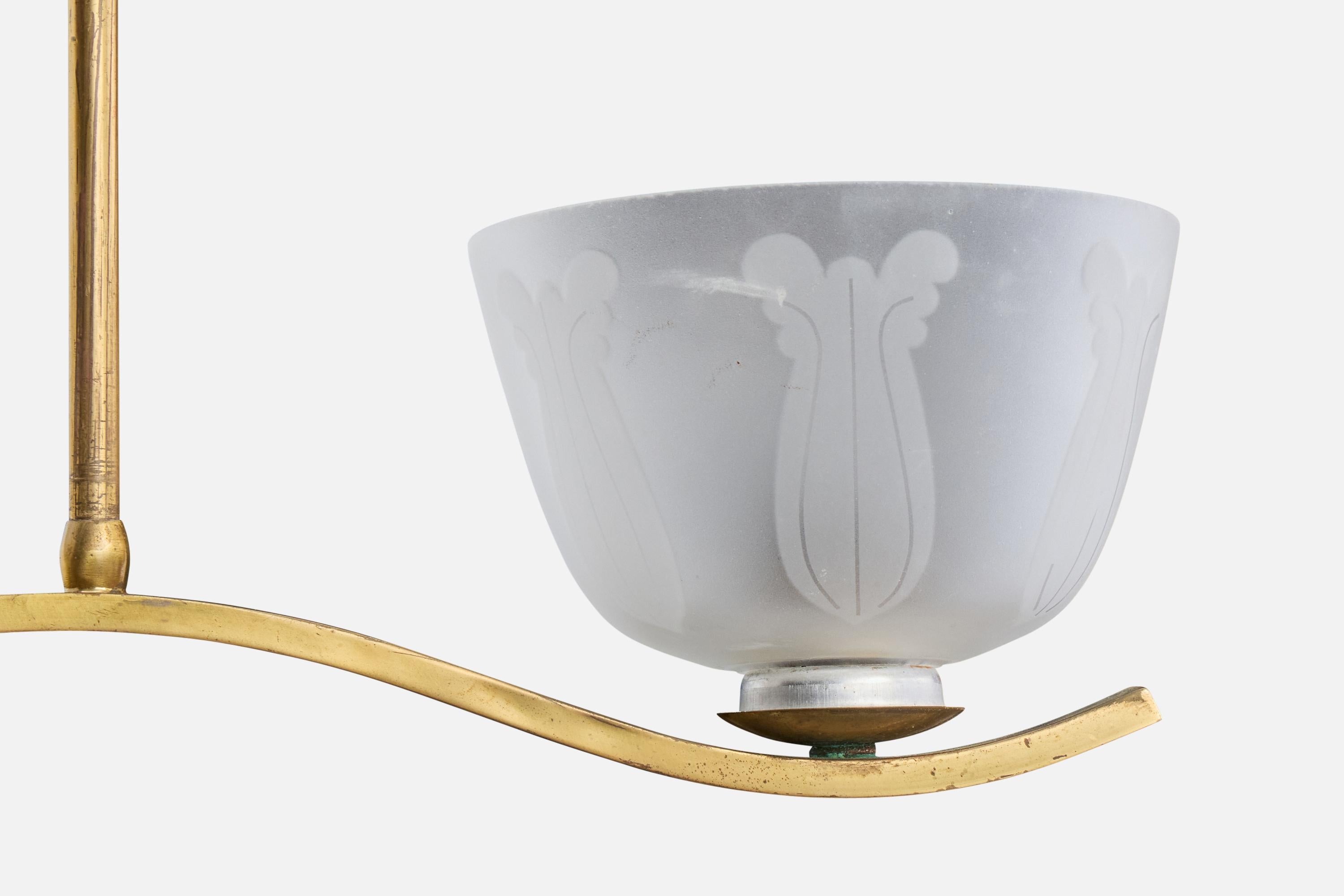 Mid-20th Century Swedish Designer, Chandelier, Brass, Glass, Sweden, 1940s For Sale