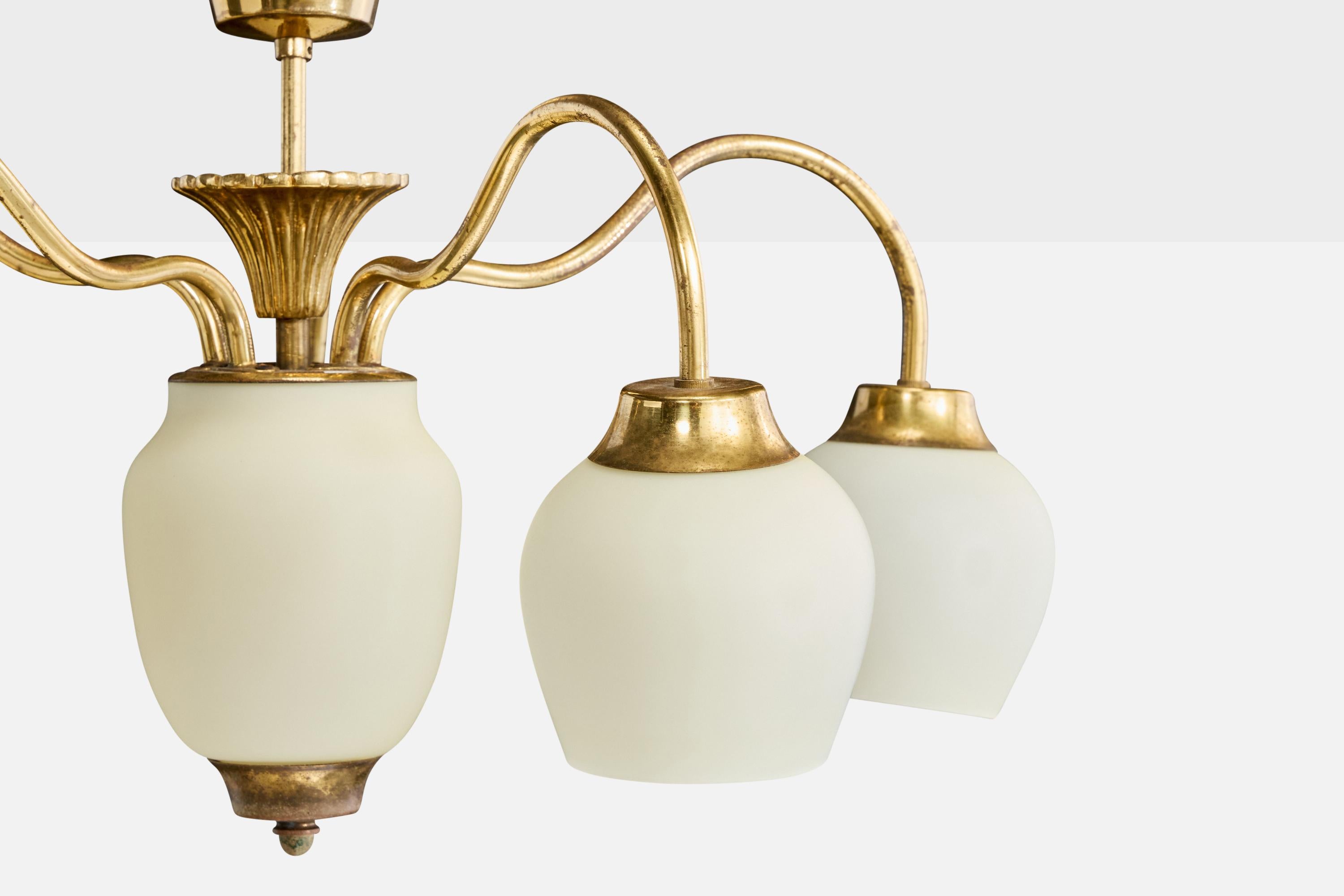 Mid-20th Century Swedish Designer, Chandelier, Brass, Glass, Sweden, 1940s For Sale