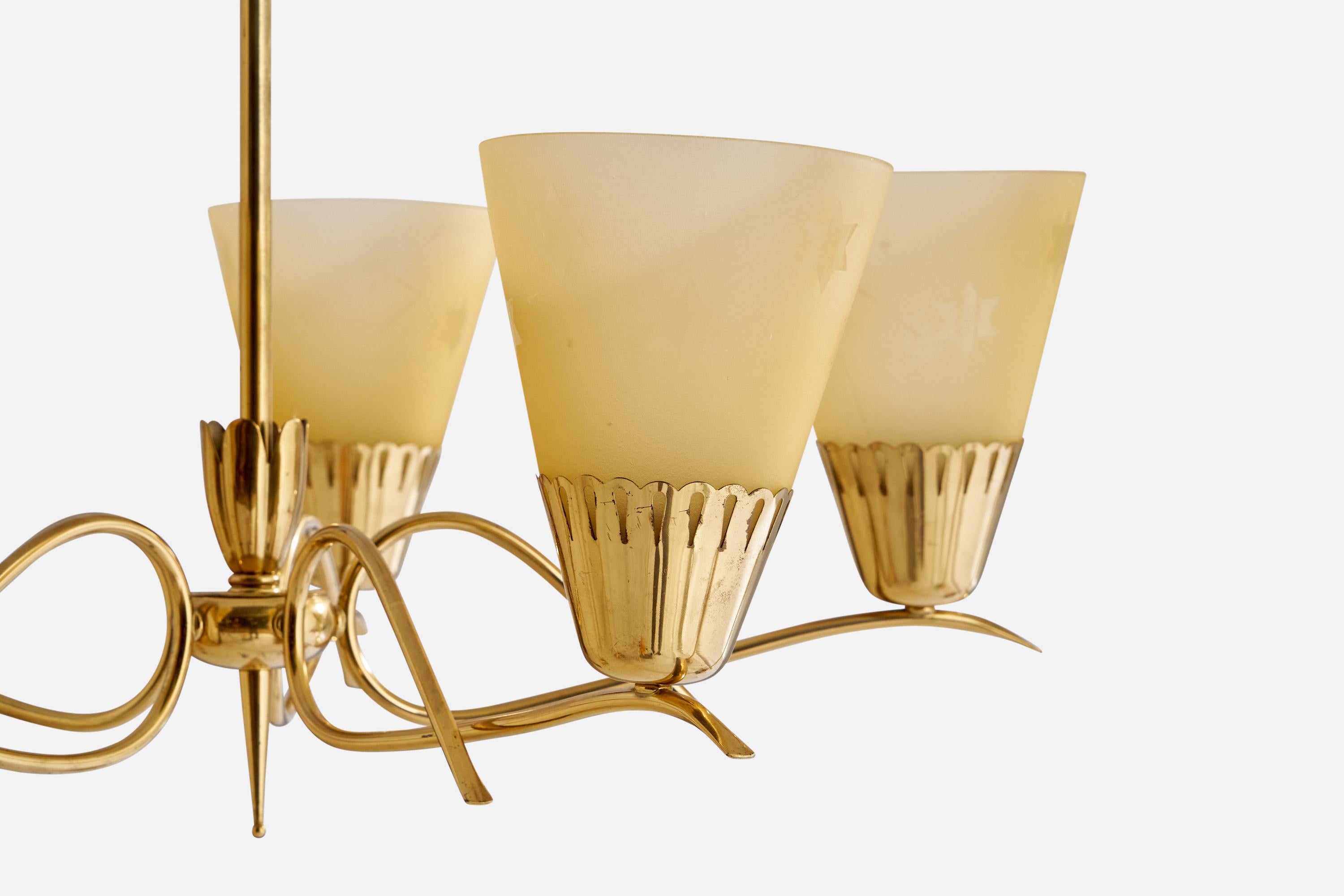 Swedish Designer, Chandelier, Brass, Glass, Sweden, 1940s For Sale 1