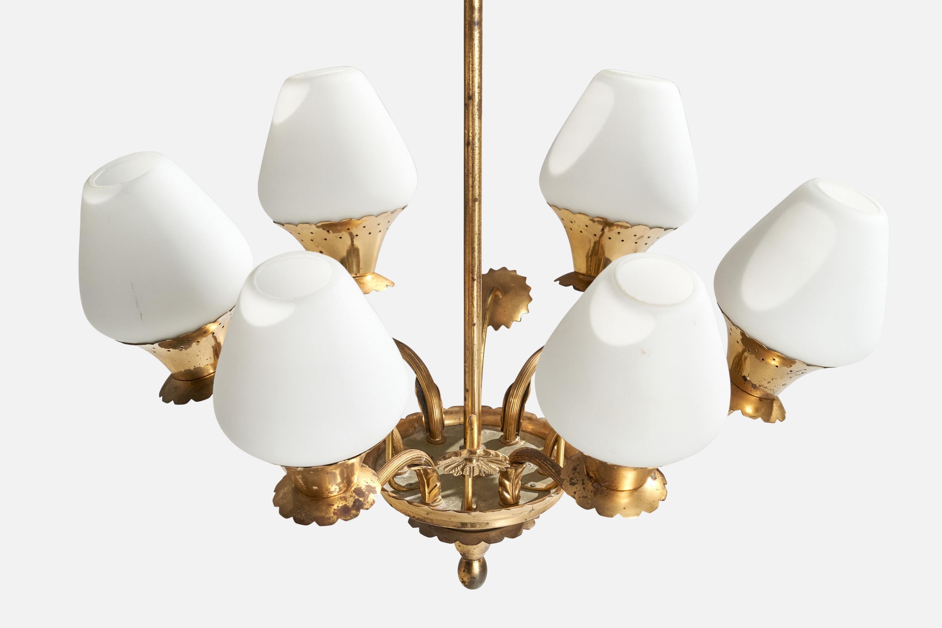 Swedish Designer, Chandelier, Brass, Glass, Sweden, 1940s For Sale 1