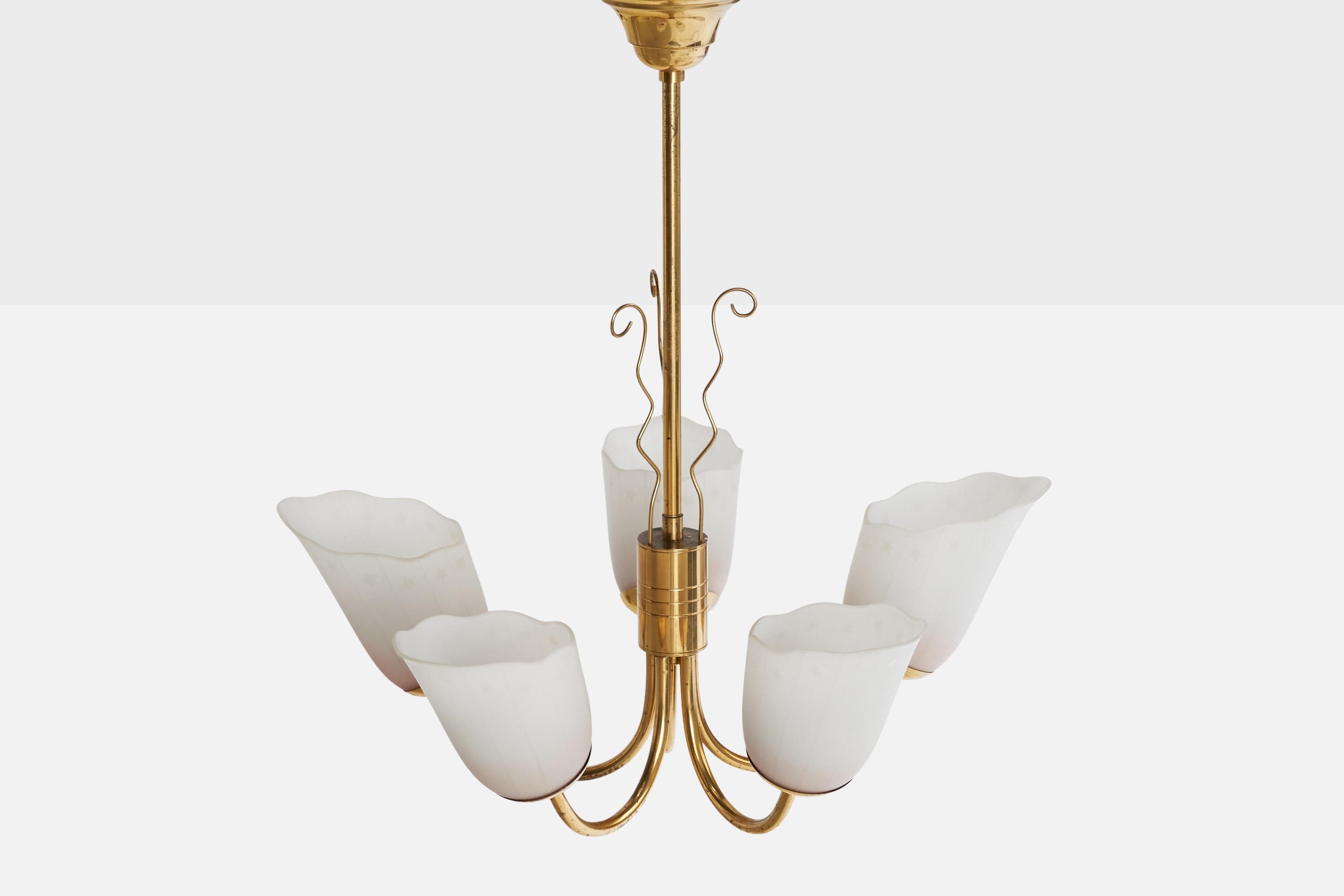 Swedish Designer, Chandelier, Brass, Glass, Sweden, 1940s For Sale 1