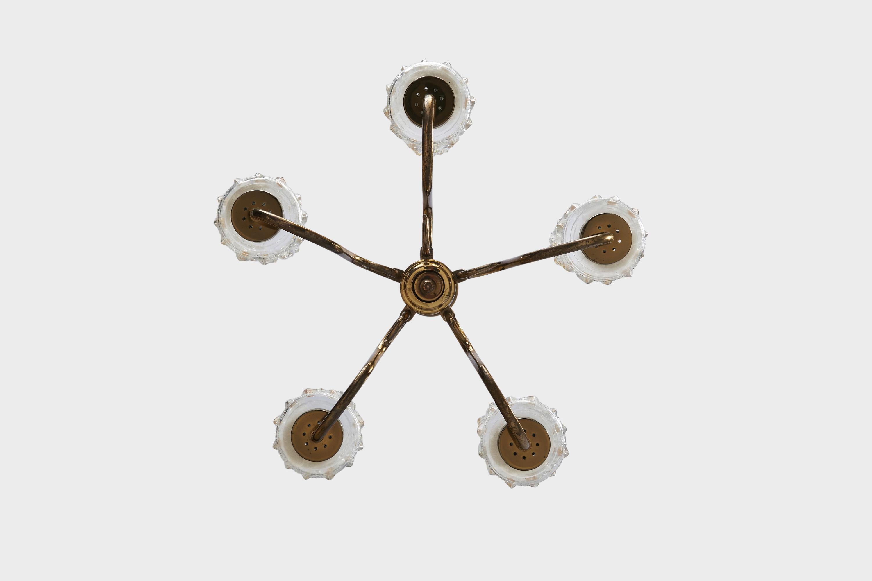 Swedish Designer, Chandelier, Brass, Glass, Sweden, 1940s For Sale 2