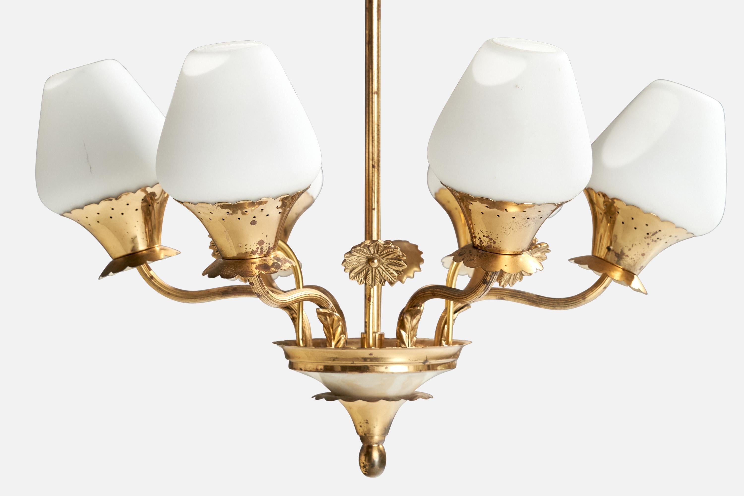 Swedish Designer, Chandelier, Brass, Glass, Sweden, 1940s For Sale 2