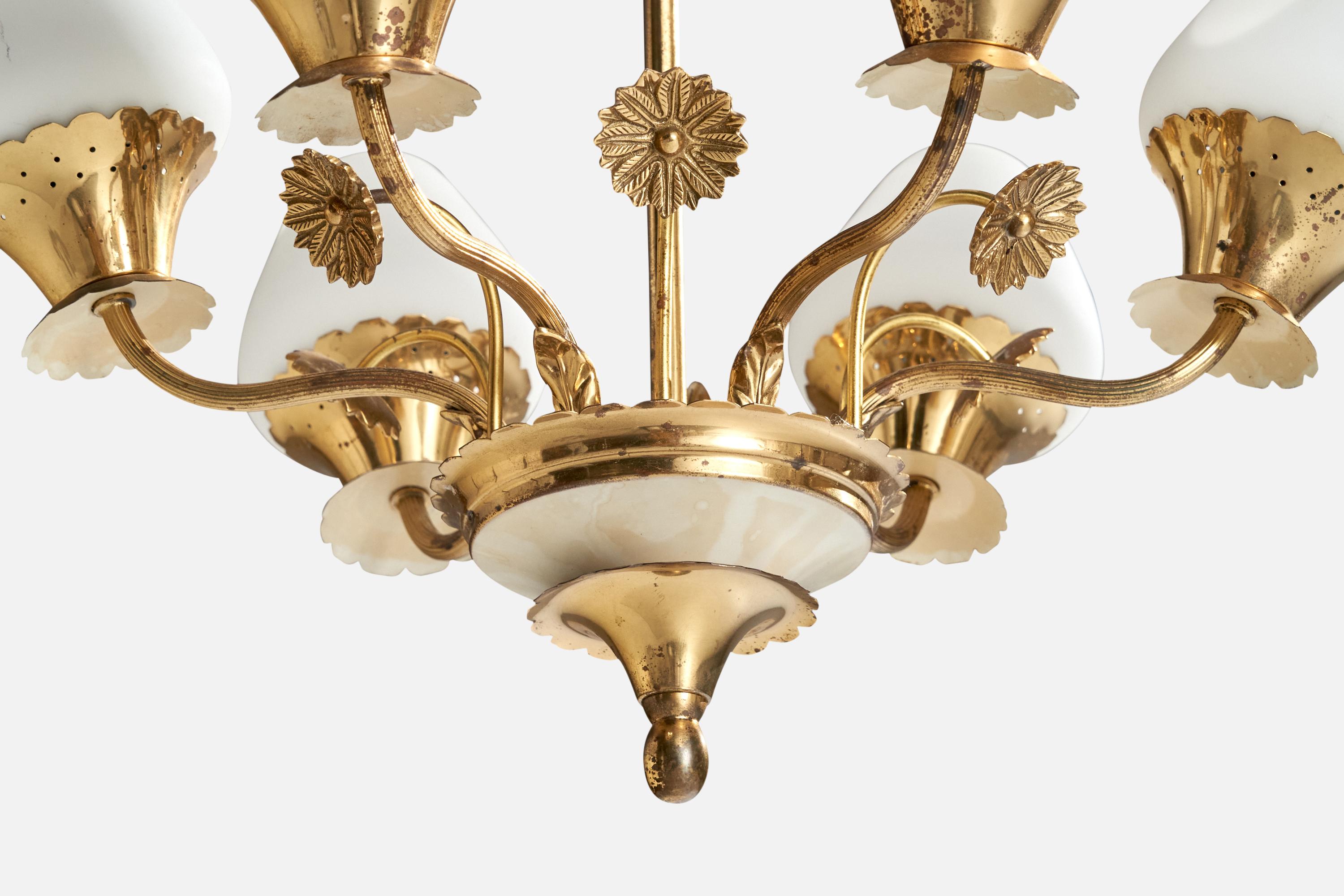 Swedish Designer, Chandelier, Brass, Glass, Sweden, 1940s For Sale 3