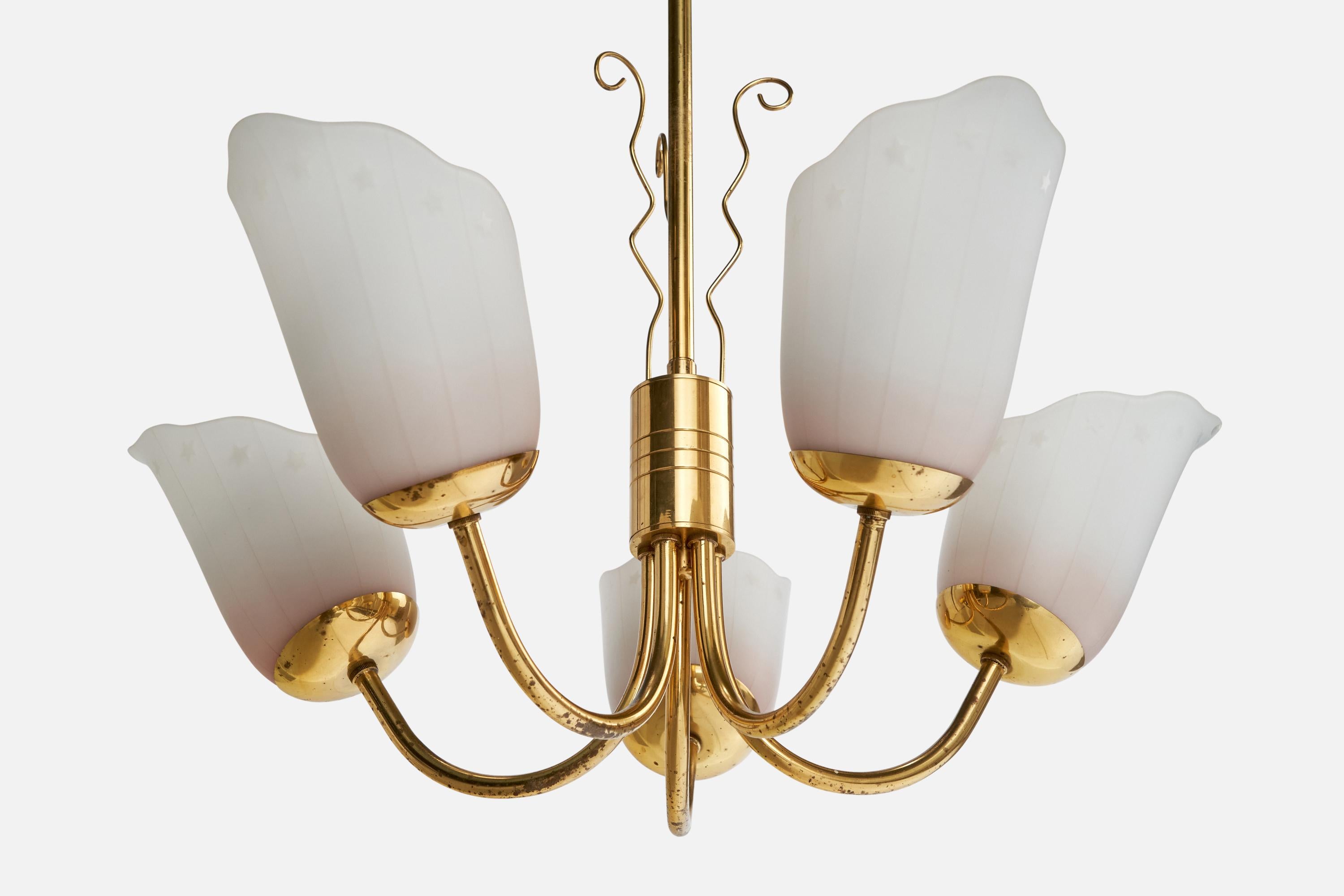 Swedish Designer, Chandelier, Brass, Glass, Sweden, 1940s For Sale 3