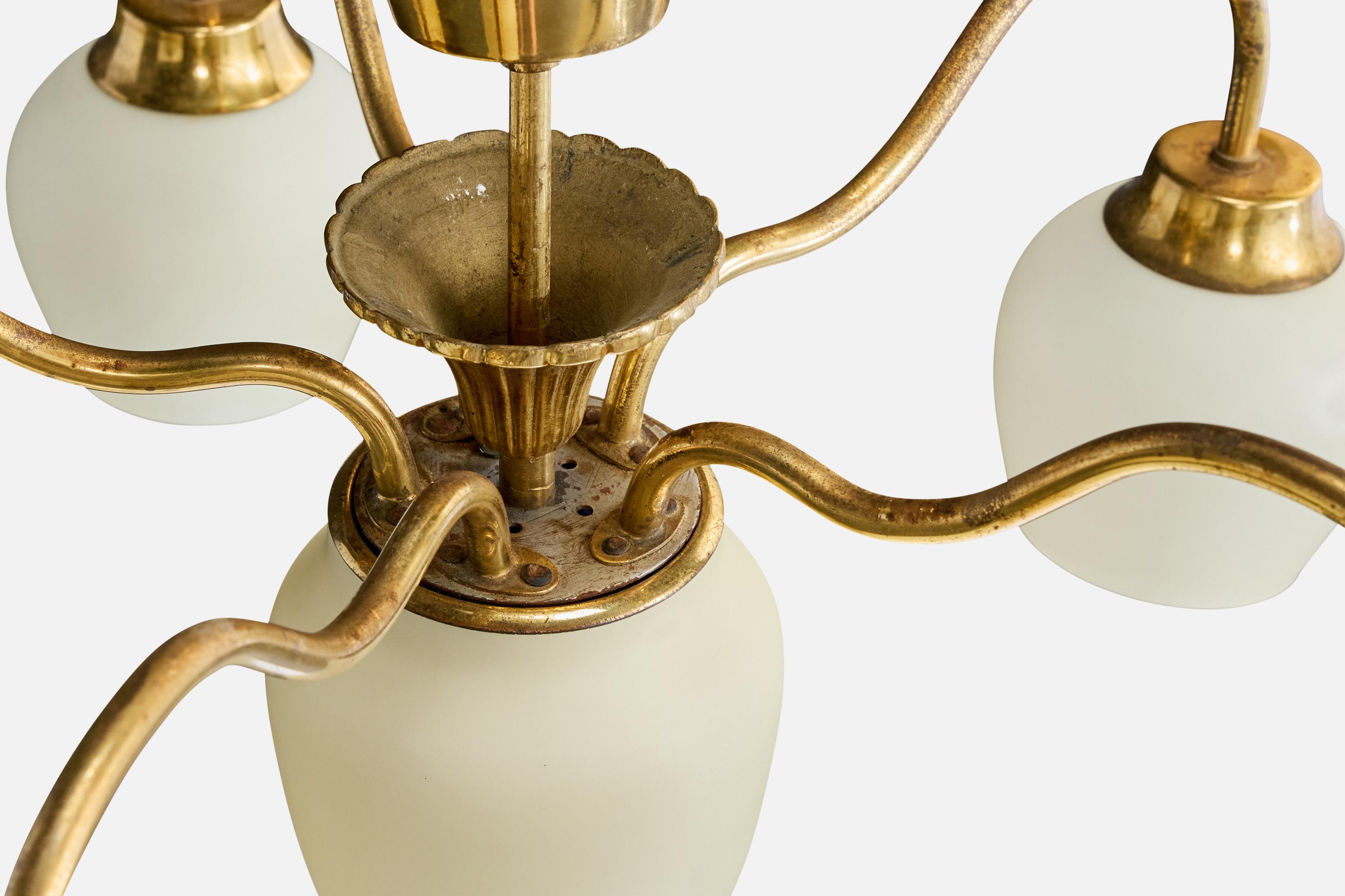 Swedish Designer, Chandelier, Brass, Glass, Sweden, 1940s For Sale 3