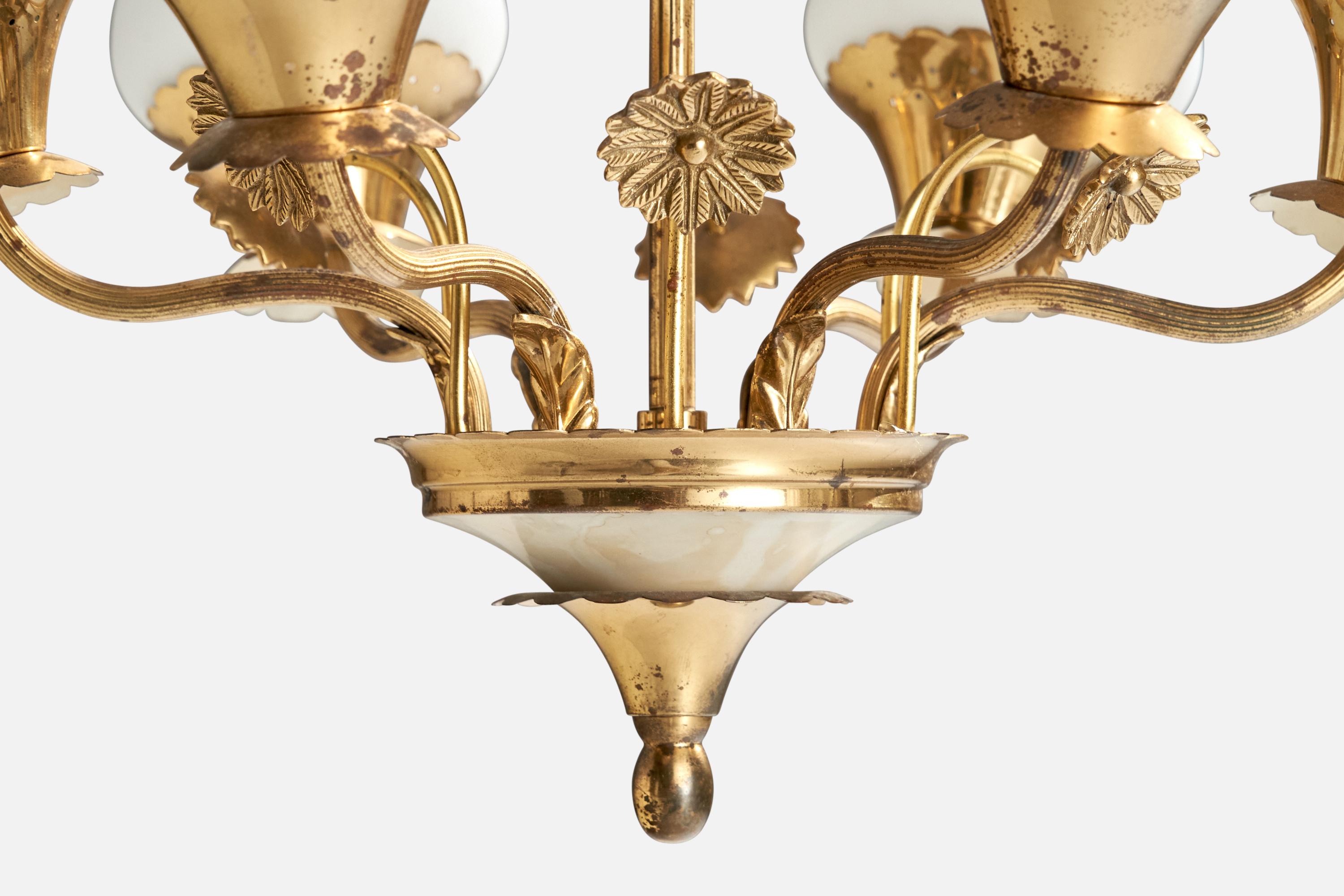 Swedish Designer, Chandelier, Brass, Glass, Sweden, 1940s For Sale 4