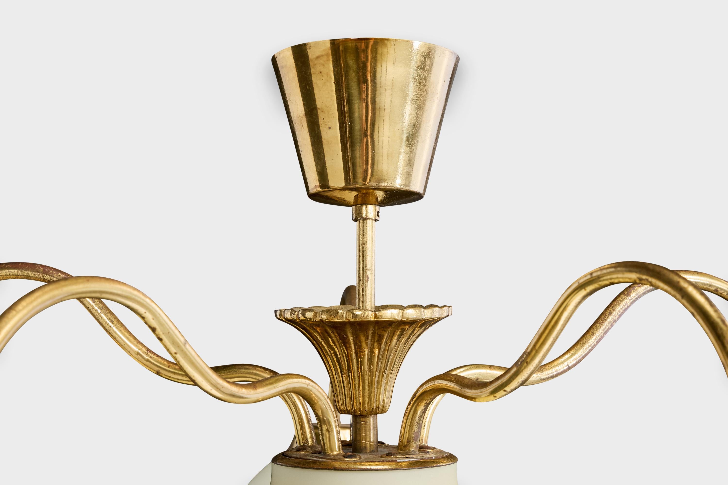 Swedish Designer, Chandelier, Brass, Glass, Sweden, 1940s For Sale 4