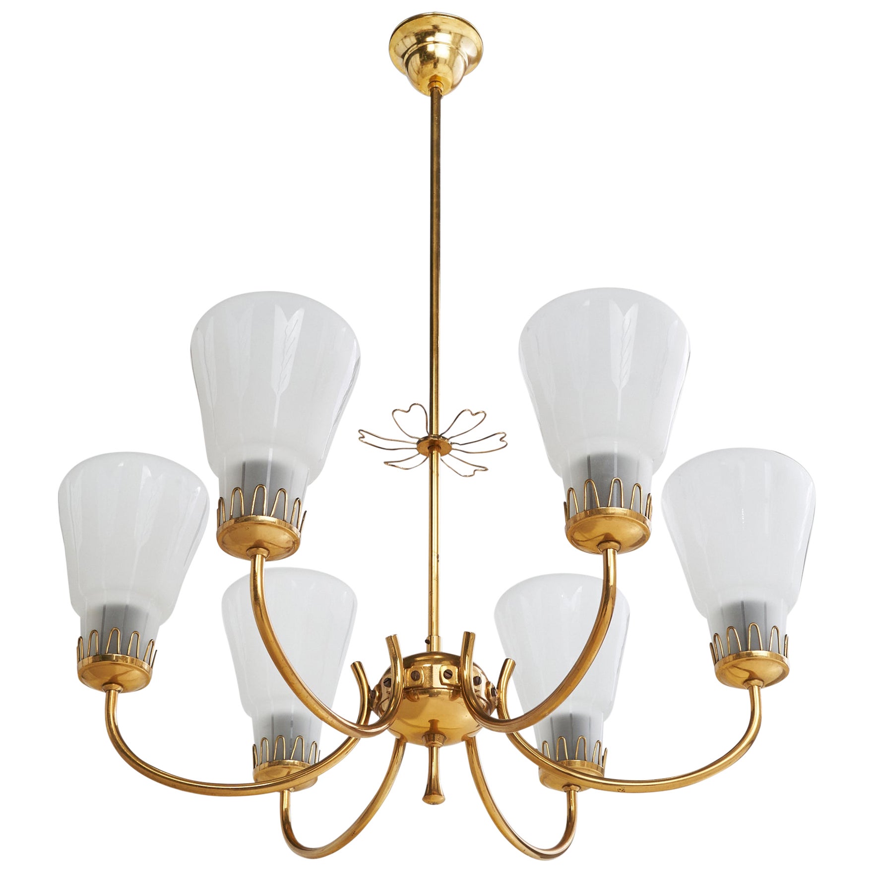Lampadario di design svedese, ottone, vetro, Svezia, anni '1940
