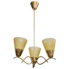 Swedish Designer, Chandelier, Brass, Glass, Sweden, 1940s