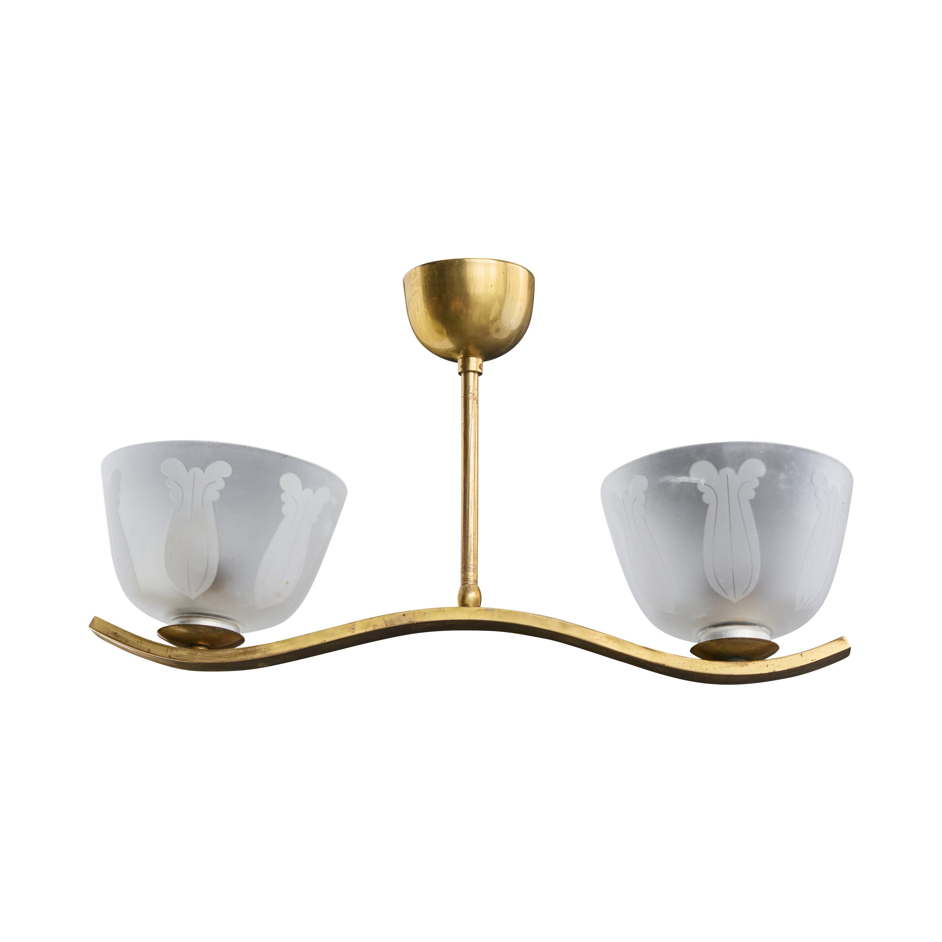 Swedish Designer, Chandelier, Brass, Glass, Sweden, 1940s For Sale
