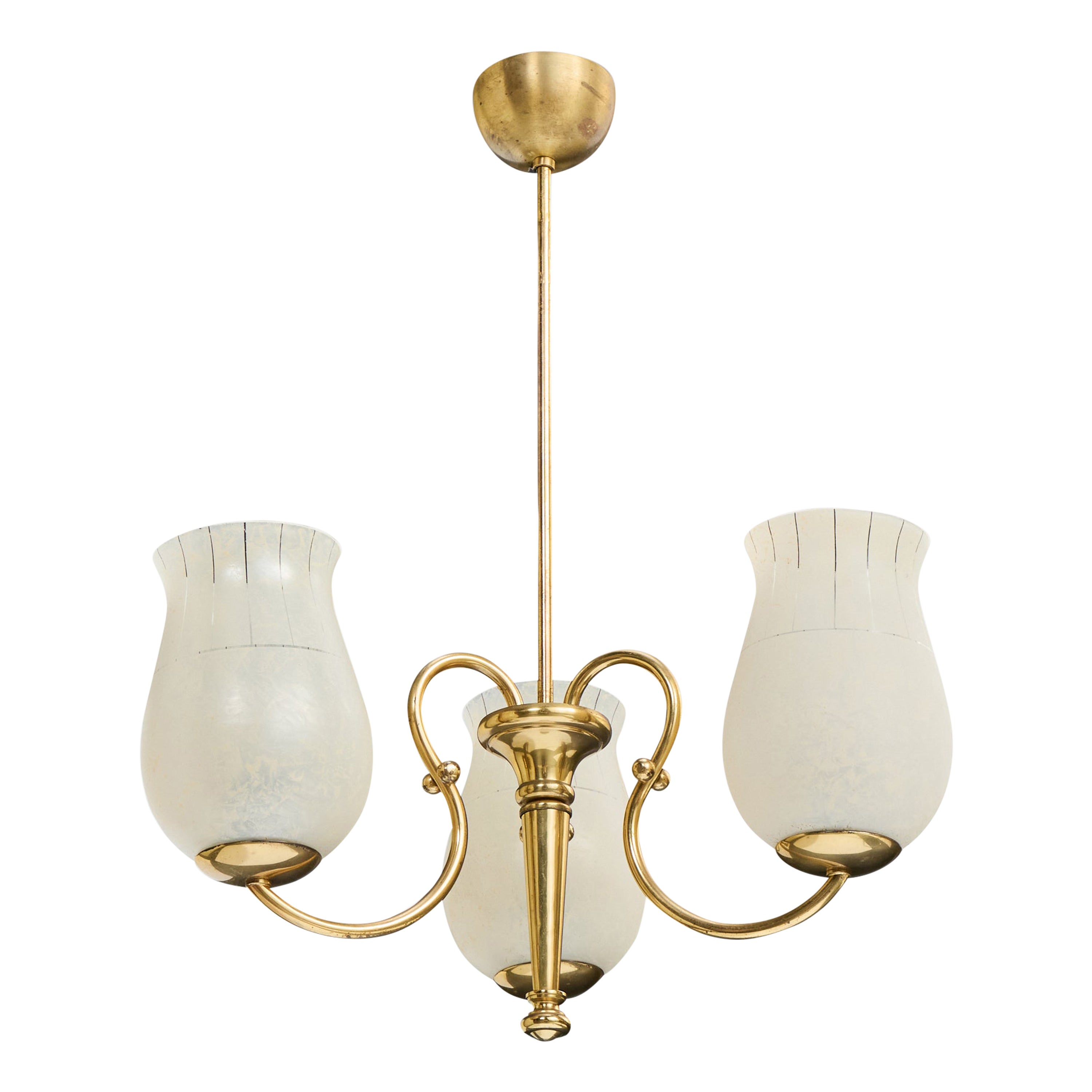 Swedish Designer, Chandelier, Brass, Glass, Sweden, 1940s