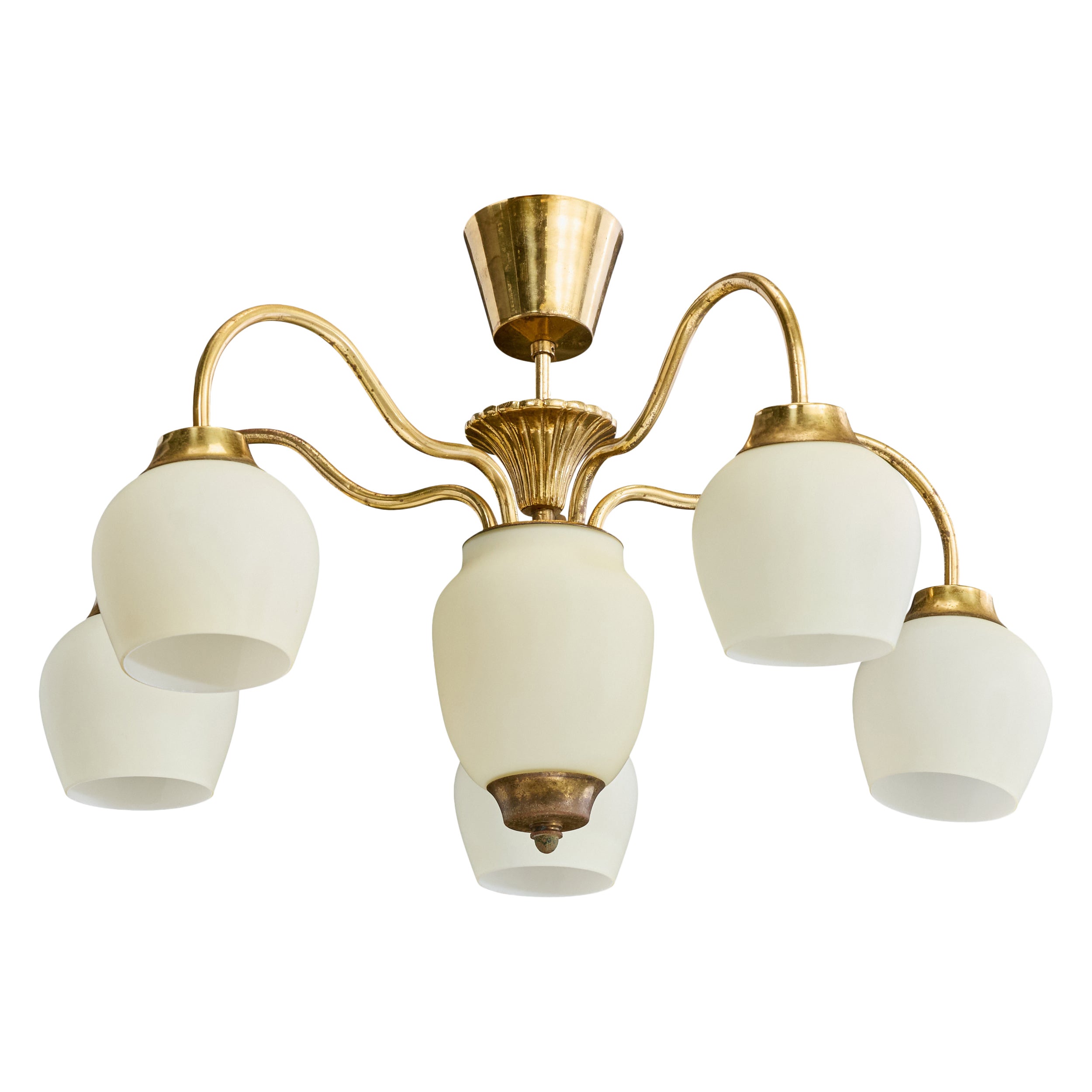 Swedish Designer, Chandelier, Brass, Glass, Sweden, 1940s