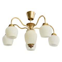 Swedish Designer, Chandelier, Brass, Glass, Sweden, 1940s