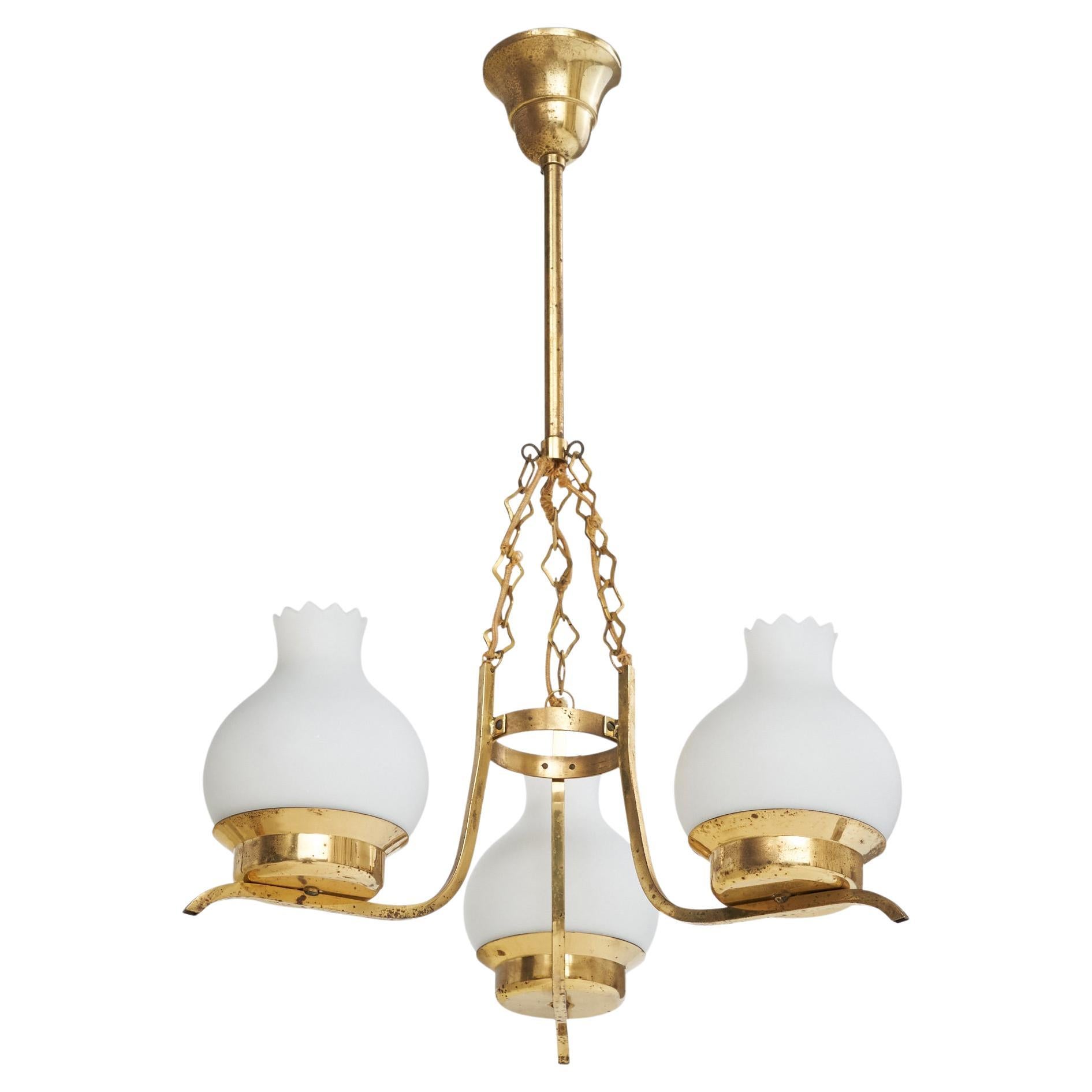 Swedish Designer, Chandelier, Brass, Glass, Sweden, 1940s