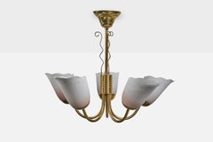 Swedish Designer, Chandelier, Brass, Glass, Sweden, 1950s