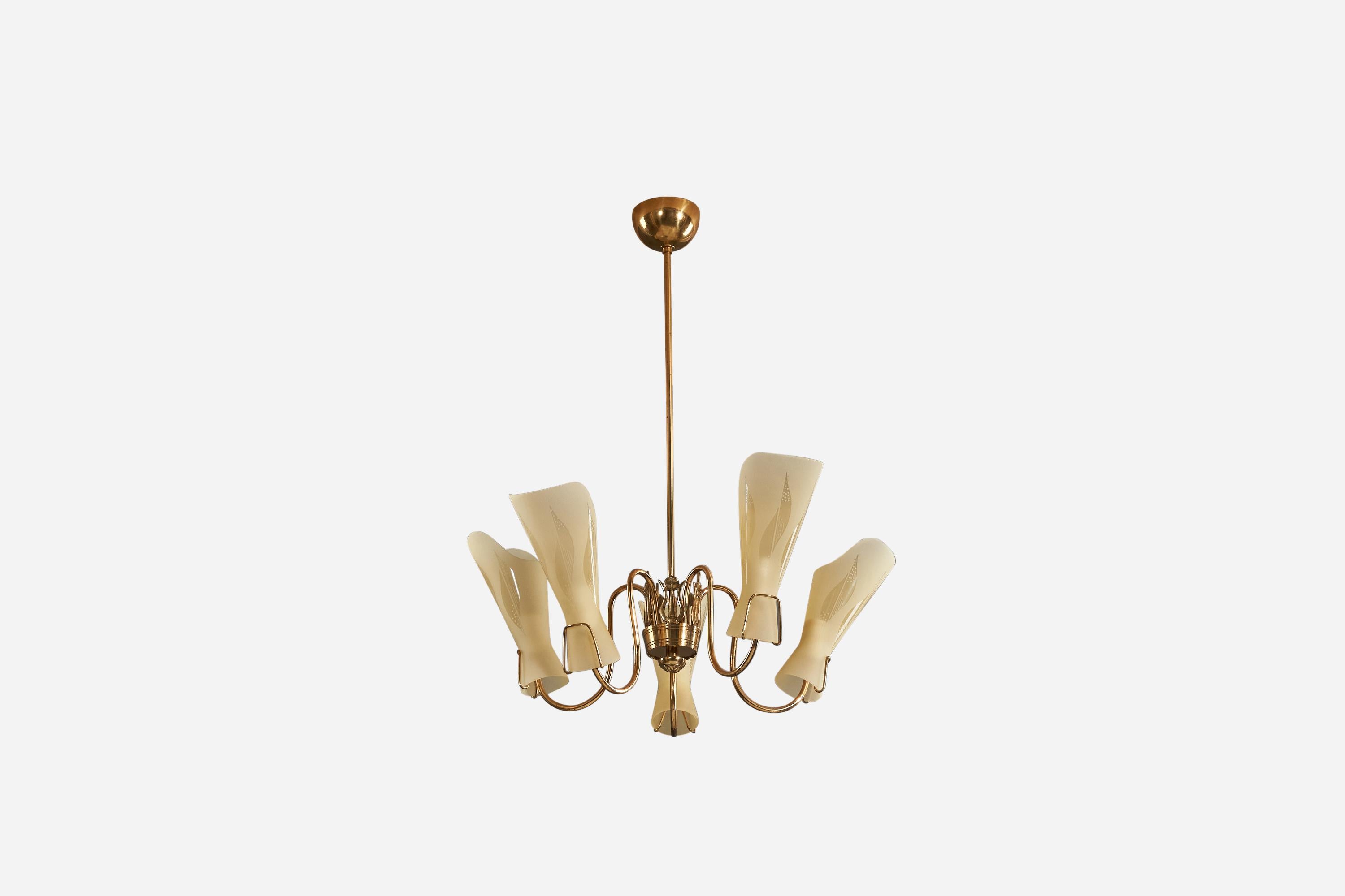 A five-armed, brass and glass chandelier designed and produced by a Swedish designer, Sweden, 1950s.

Canopy Dimensions (inches)
2.5 x 4 x 4 (H x W x D).