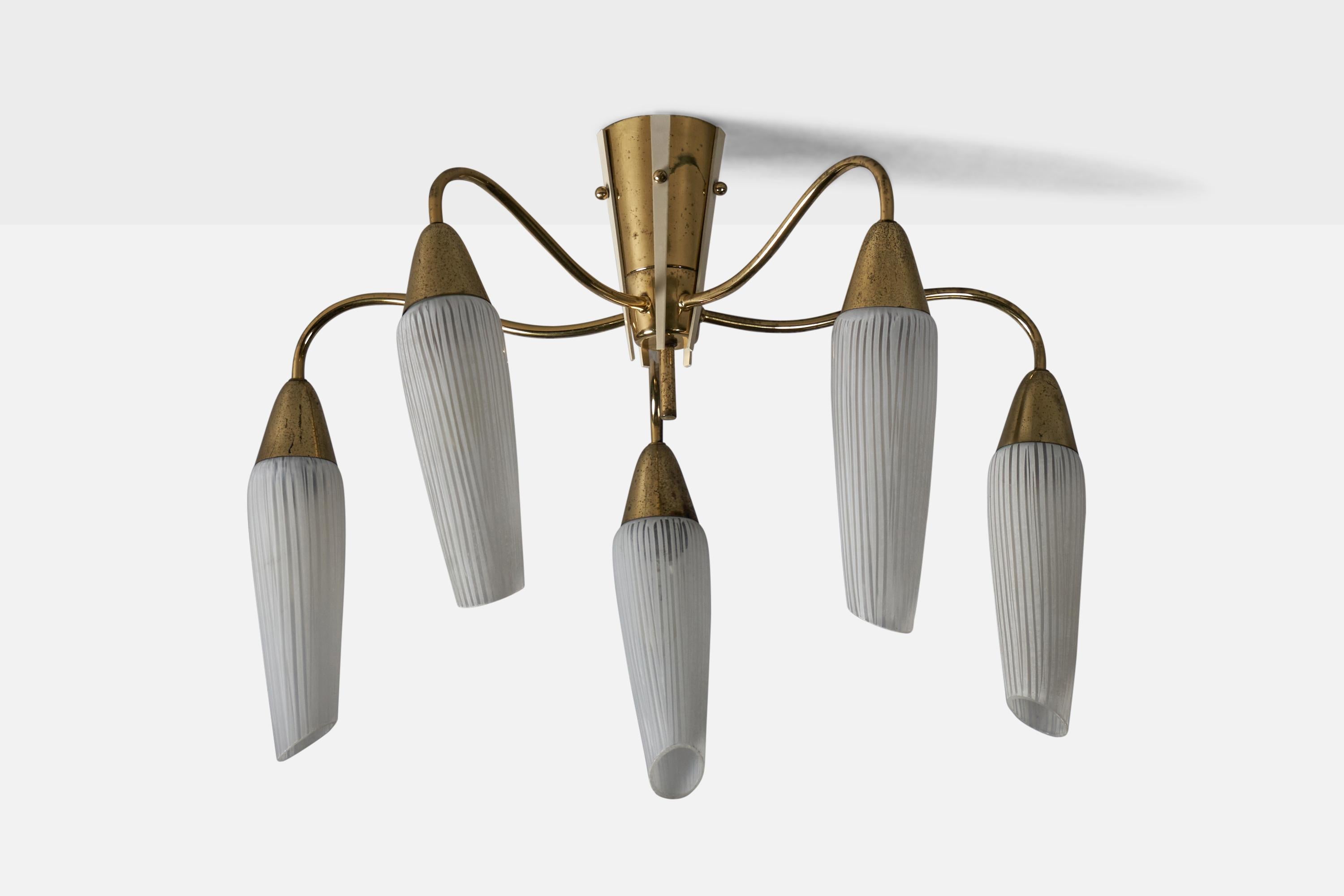 A five-armed brass and glass chandelier, designed and produced in Sweden, 1950s.

Overall Dimensions (inches): 15
