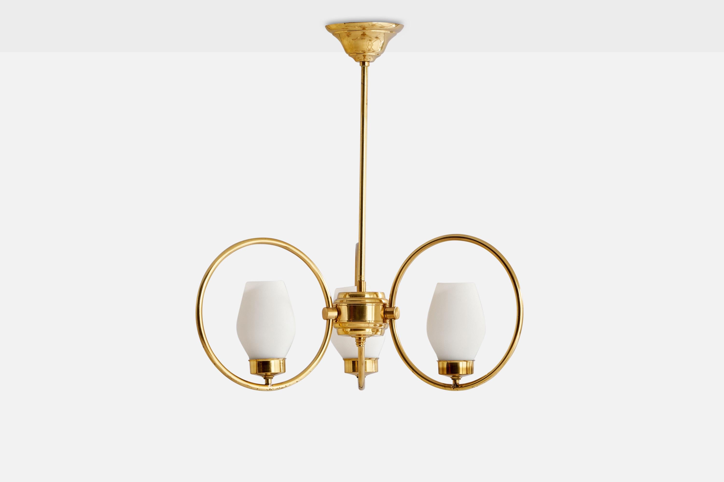 A three-armed brass and opaline glass chandelier designed and produced in Sweden, c. 1950s.

Dimensions of canopy (inches): 2.14” H x 4.4” Diameter
Socket takes standard E-14 bulbs. 3 sockets.There is no maximum wattage stated on the fixture. All
