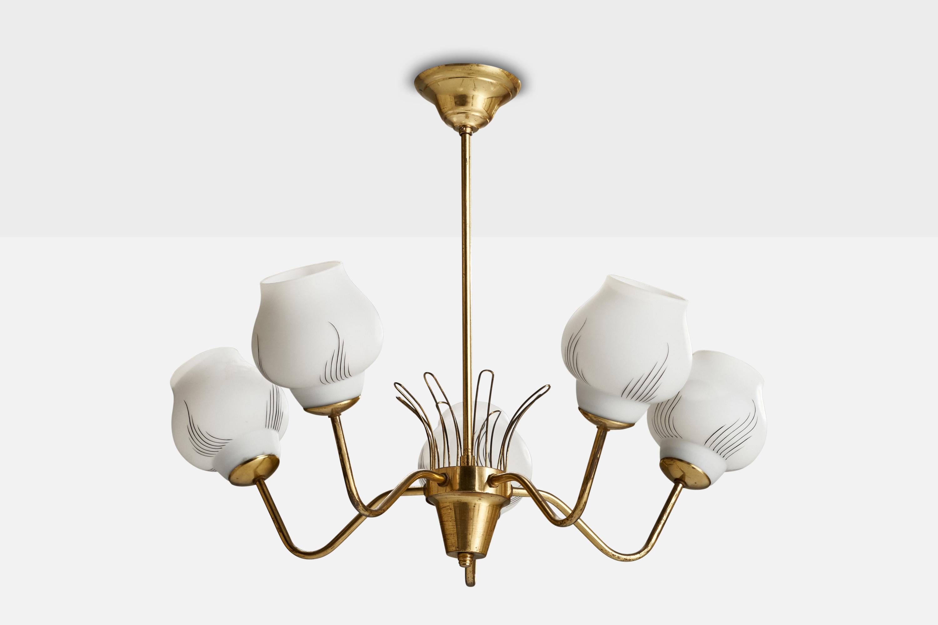 A brass and opaline chandelier designed and produced in Sweden, c. 1950s.

Dimensions of canopy (inches): 1.75” H x 4.25” Diameter
Socket takes standard E-26 bulbs. 5 socket.There is no maximum wattage stated on the fixture. All lighting will be