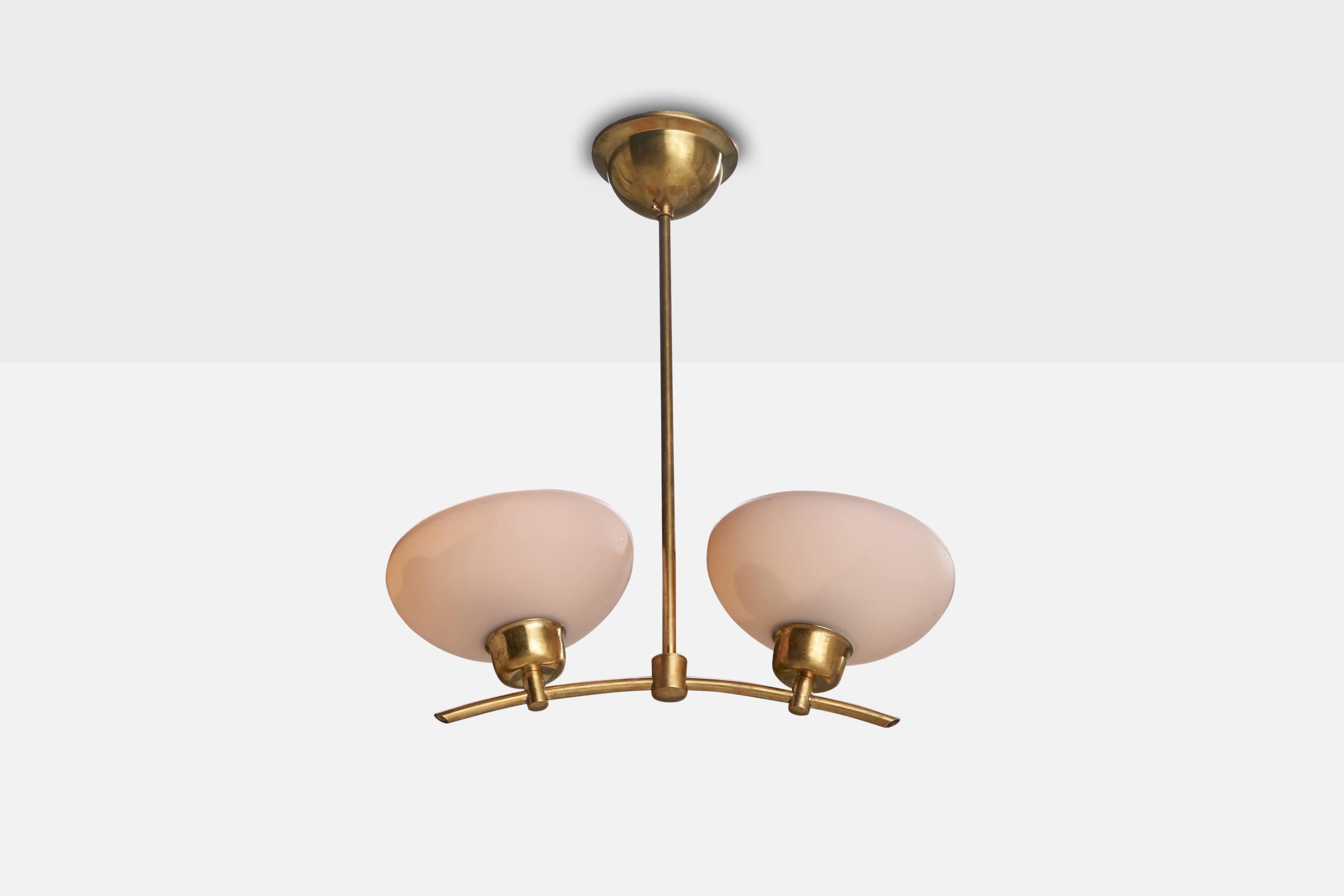 A brass and light pink glass chandelier designed and produced in Sweden, c. 1950s.

Dimensions of canopy (inches): 2.65” H x 4.31” Diameter
Socket takes standard E-26 bulbs. 2 socket.There is no maximum wattage stated on the fixture. All lighting
