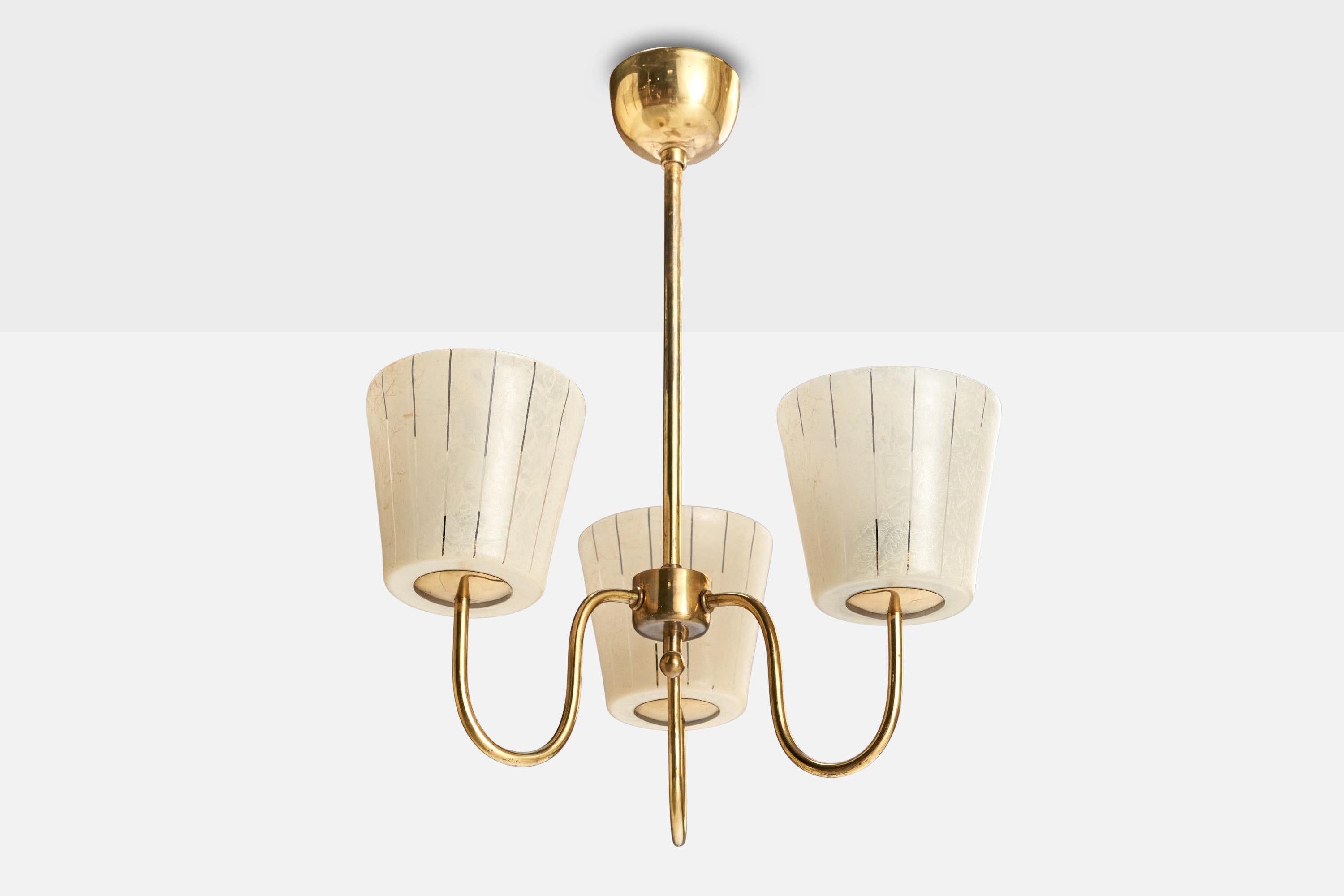 A brass and etched glass chandelier designed and produced in Sweden, c. 1950s.

Overall Dimensions (inches): 20” H x 15.5” Diameter

Dimensions of Canopy:  2.5” H x 3.75” W x 3.75” D

Stem length: 12” H

Bulb Specifications: E-26  

Number of