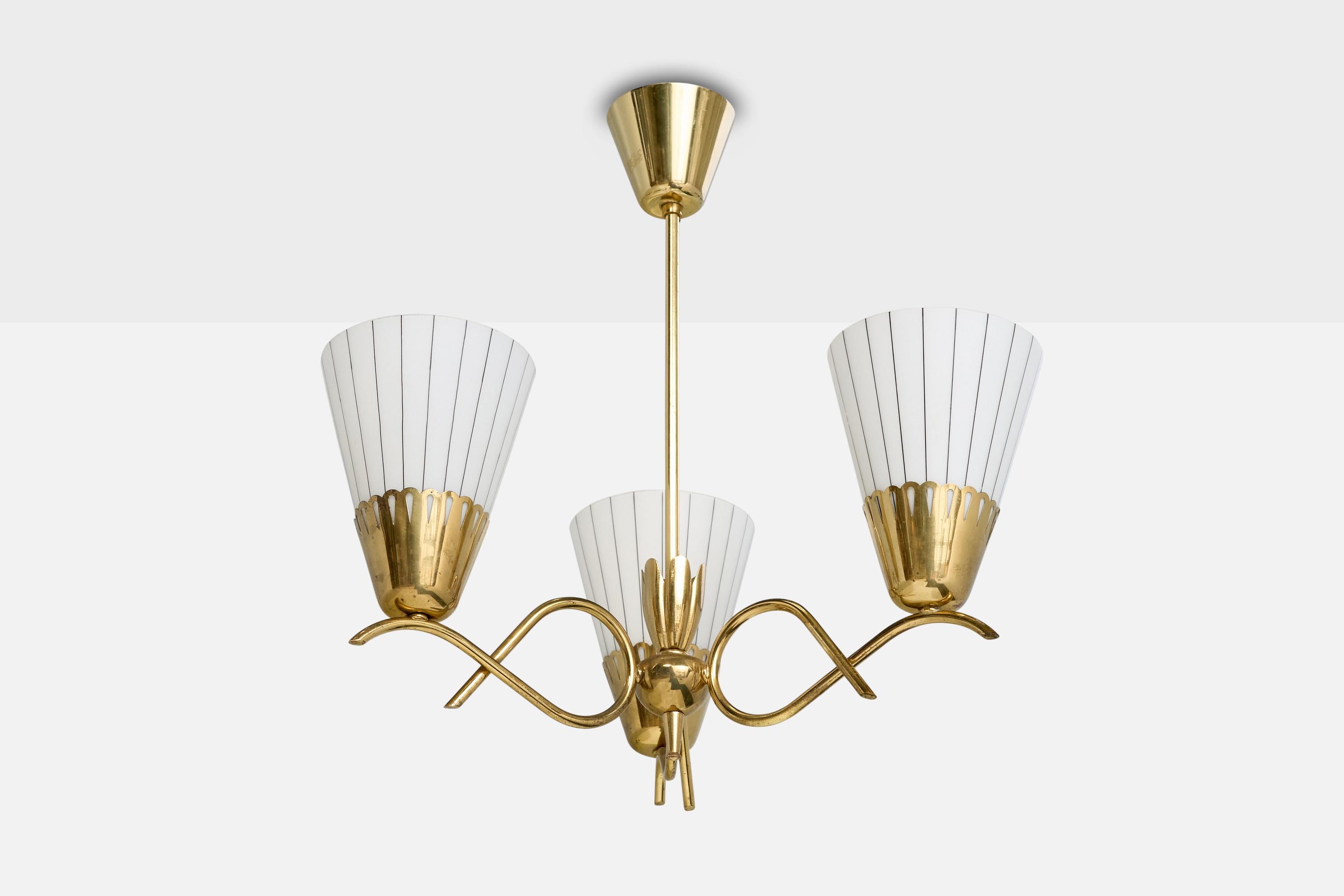 A brass and white opaline glass chandelier designed and produced in Sweden, c. 1950s.

The brass stem presents with very light oxidation.

Overall Dimensions (inches): 18.75” H x 16” Diameter

Dimensions of Canopy: 2.75“ H x 3.625” Diameter

Stem
