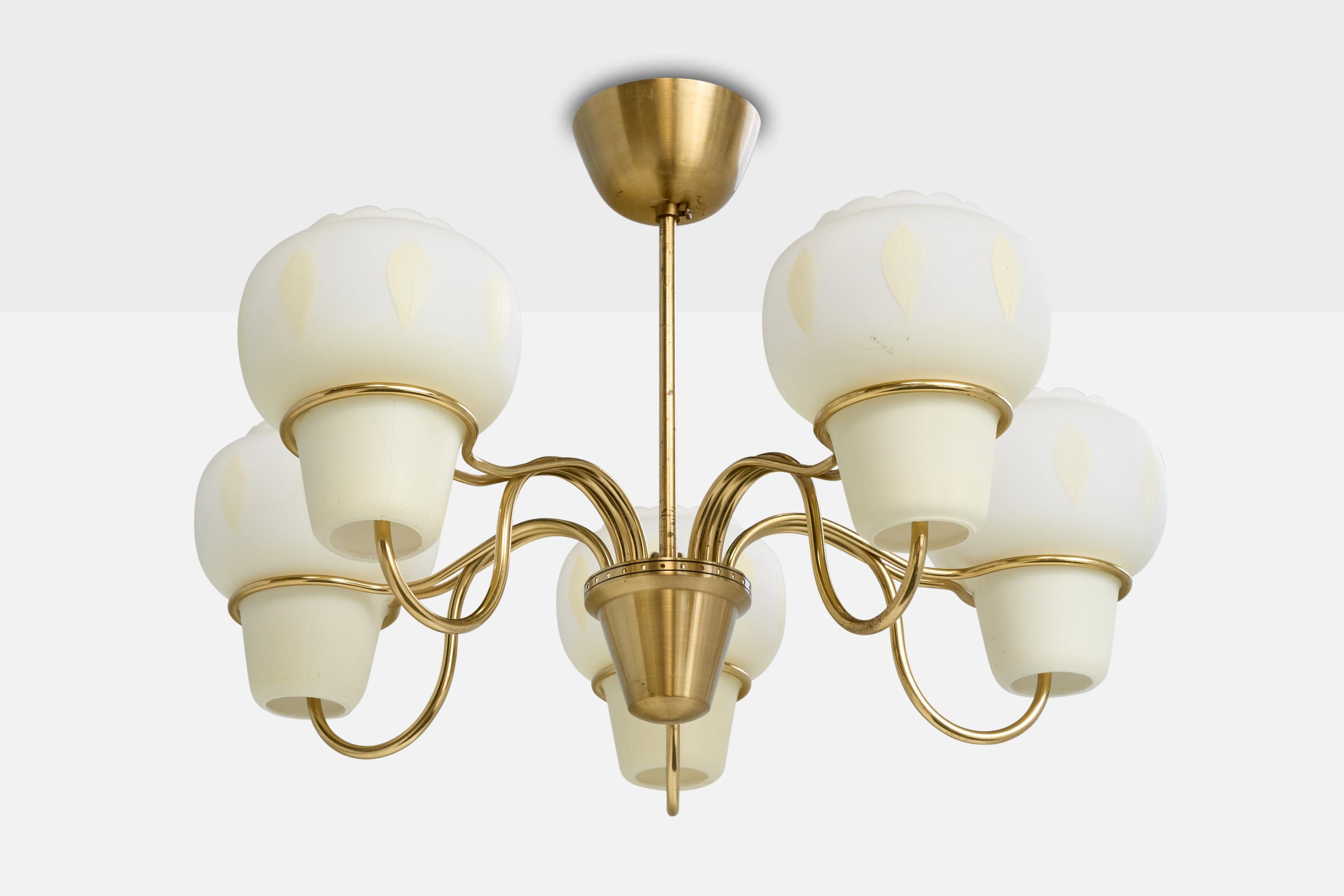 A brass and opaline glass chandelier designed and produced in Sweden, c. 1950s.

Overall Dimensions (inches): 15.75” H x 22.5” Diameter

Dimensions of Canopy: 2.3“ H x 4.1” Diameter 

Stem length: 11” H

Bulb Specifications: E-26 Bulbs

Number of