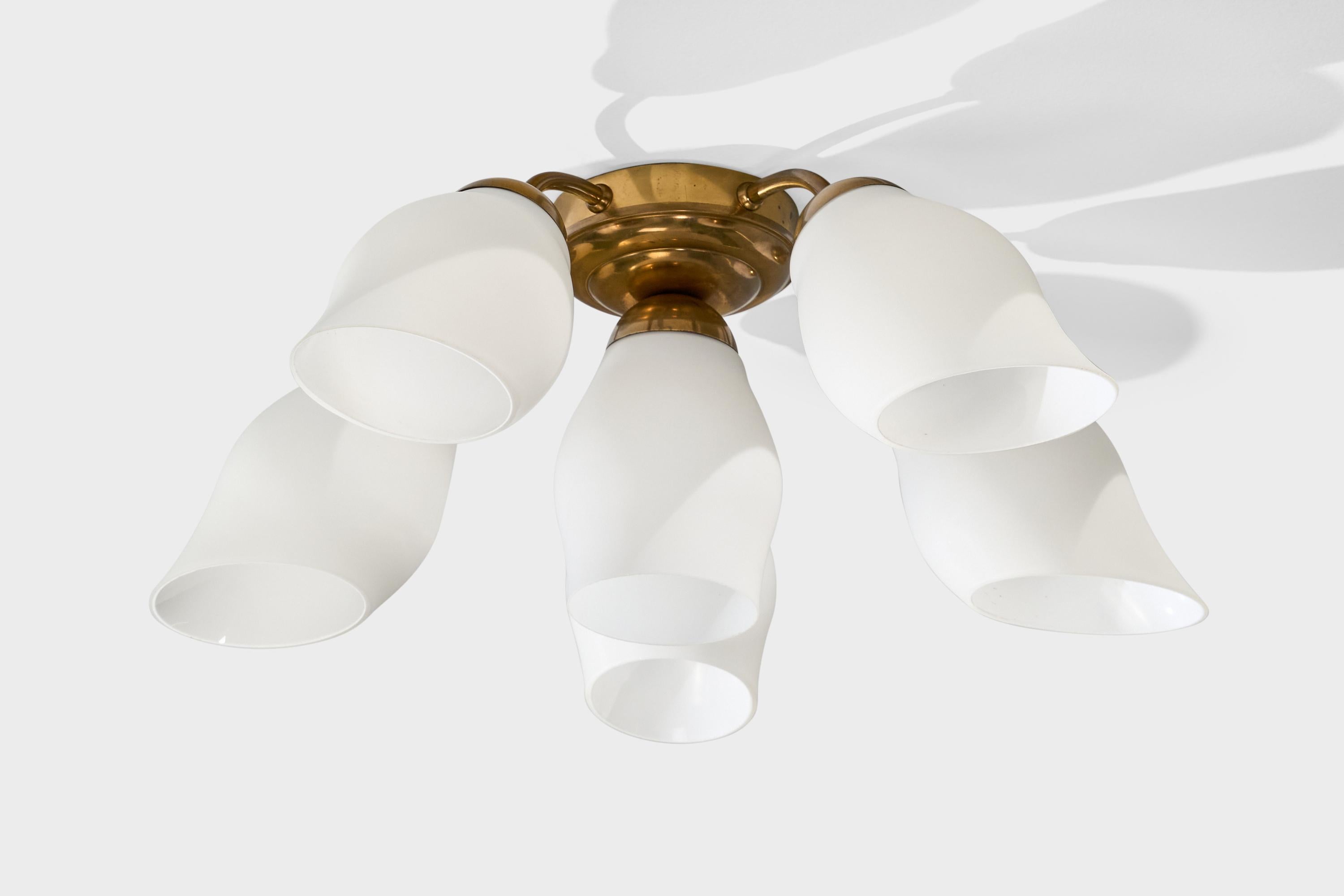 A brass and white opaline glass chandelier designed and produced in Sweden, c. 1950s.

Overall Dimensions (inches): 8.25” H x 20.5” Diameter

Dimensions of Canopy: 1.875“ H x 4.875” Diameter 

Bulb Specifications: E-26

Number of Sockets: 6

Sold