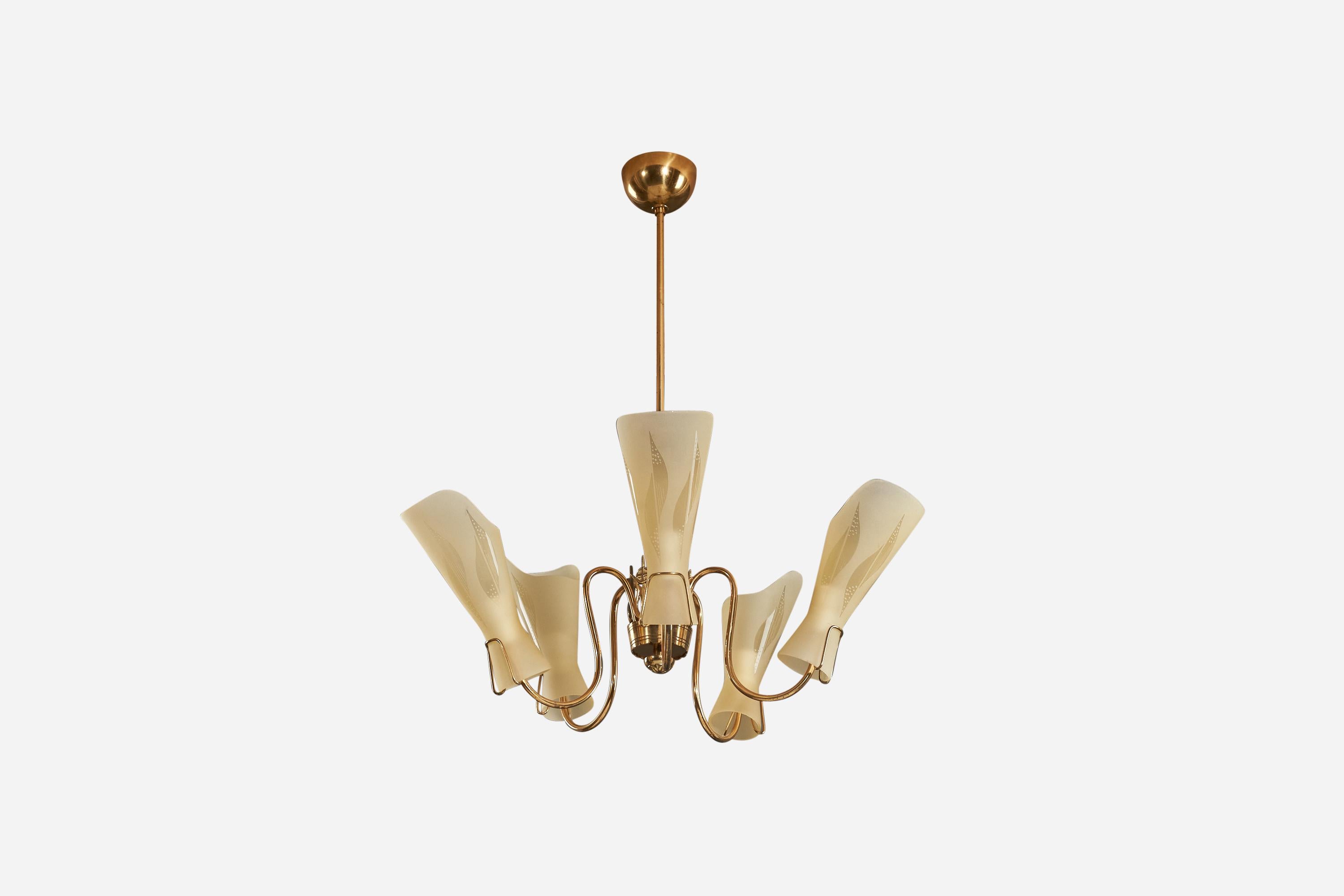 Scandinavian Modern Swedish Designer, Chandelier, Brass, Glass, Sweden, 1950s For Sale