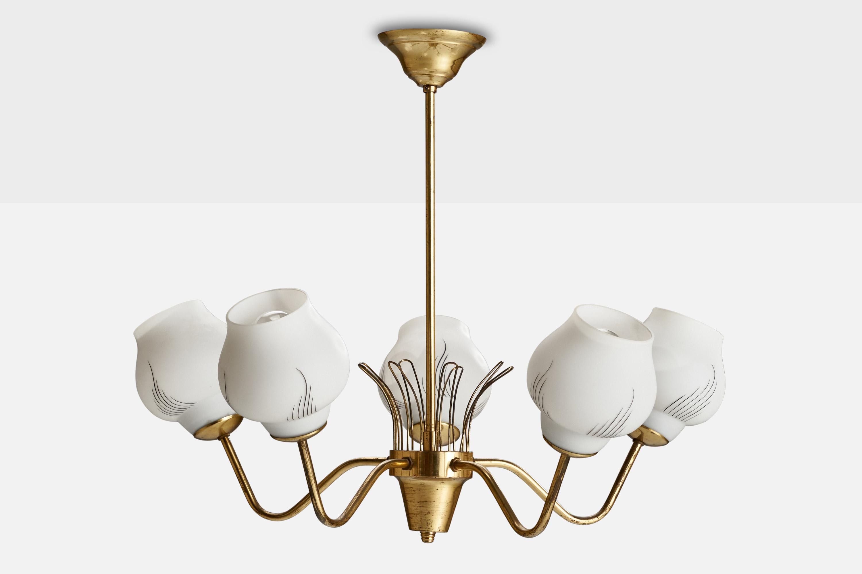 Scandinavian Modern Swedish Designer, Chandelier, Brass, Glass, Sweden, 1950s For Sale