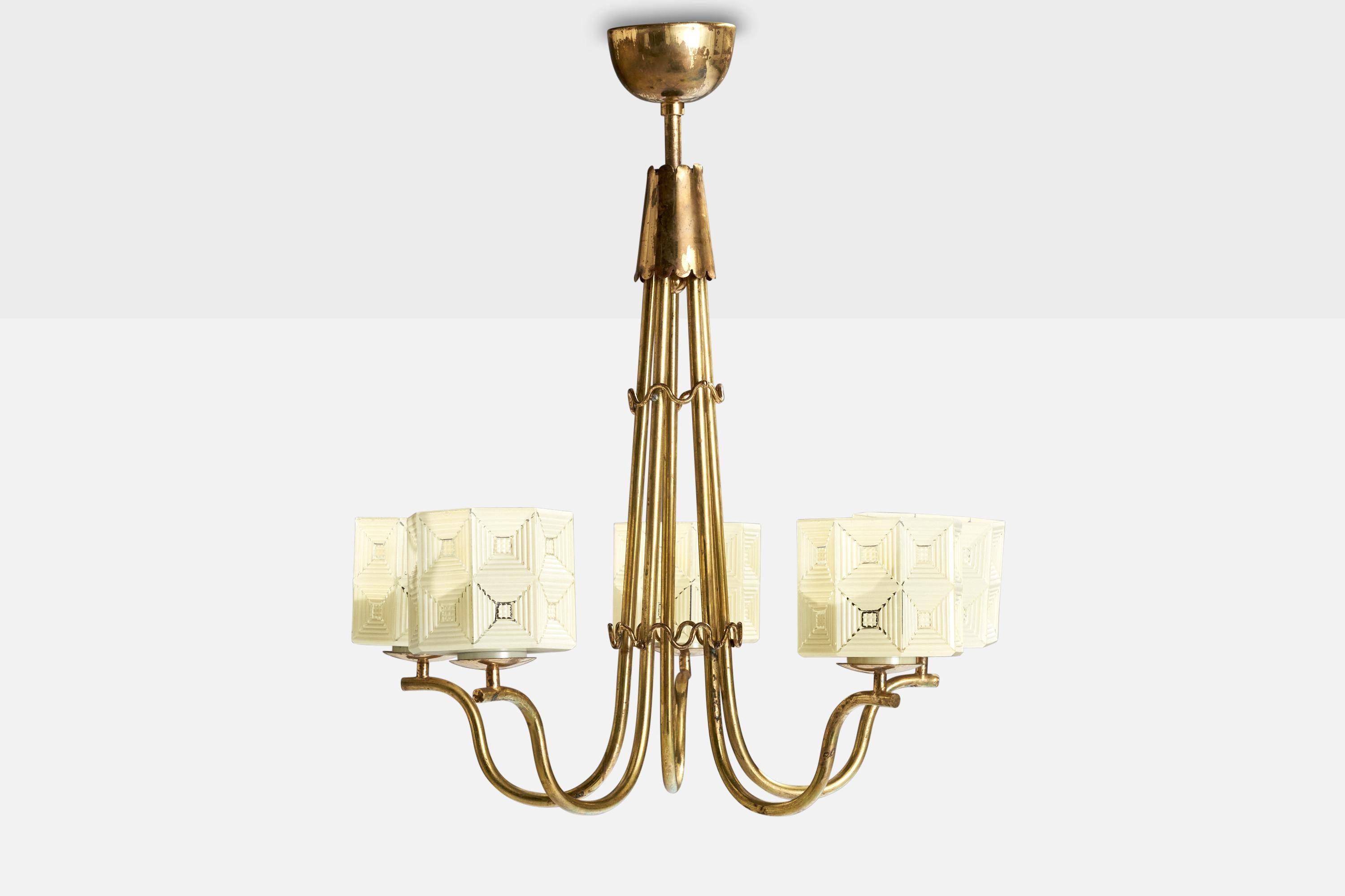 Scandinave moderne Designer suédois, lustre, laiton, verre, Suède, années 1950 en vente