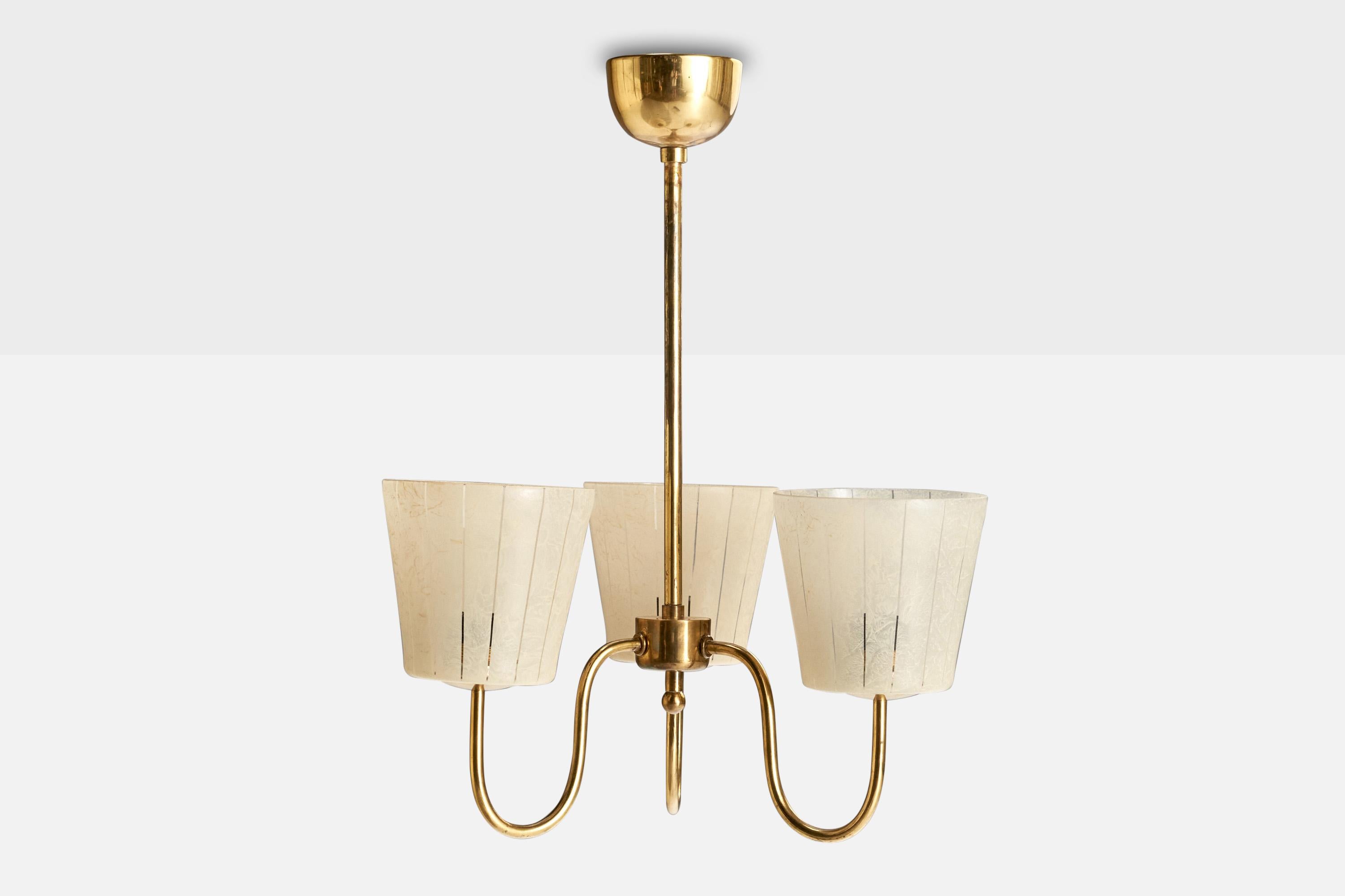 Scandinavian Modern Swedish Designer, Chandelier, Brass, Glass, Sweden, 1950s For Sale