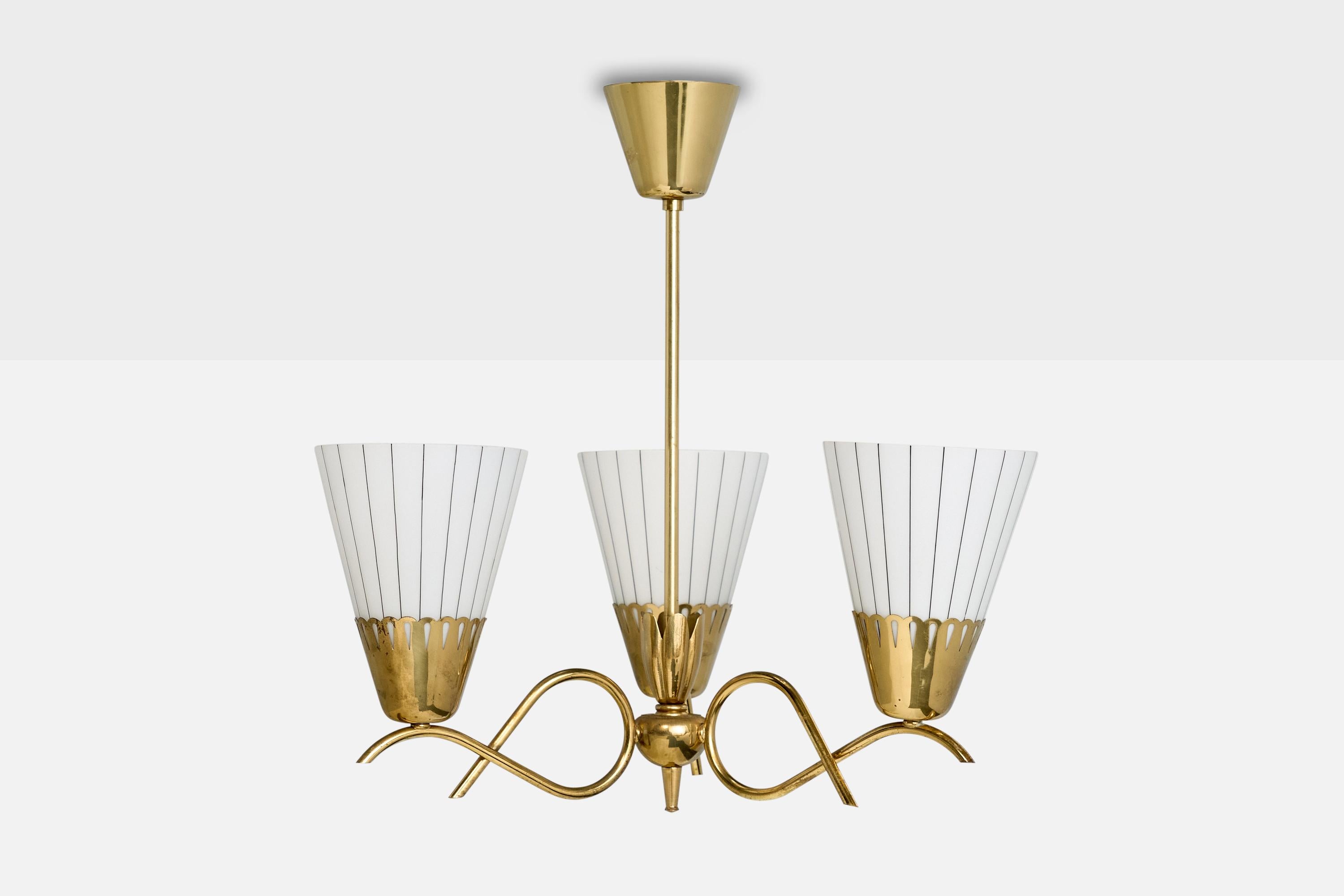 Scandinavian Modern Swedish Designer, Chandelier, Brass, Glass, Sweden, 1950s For Sale