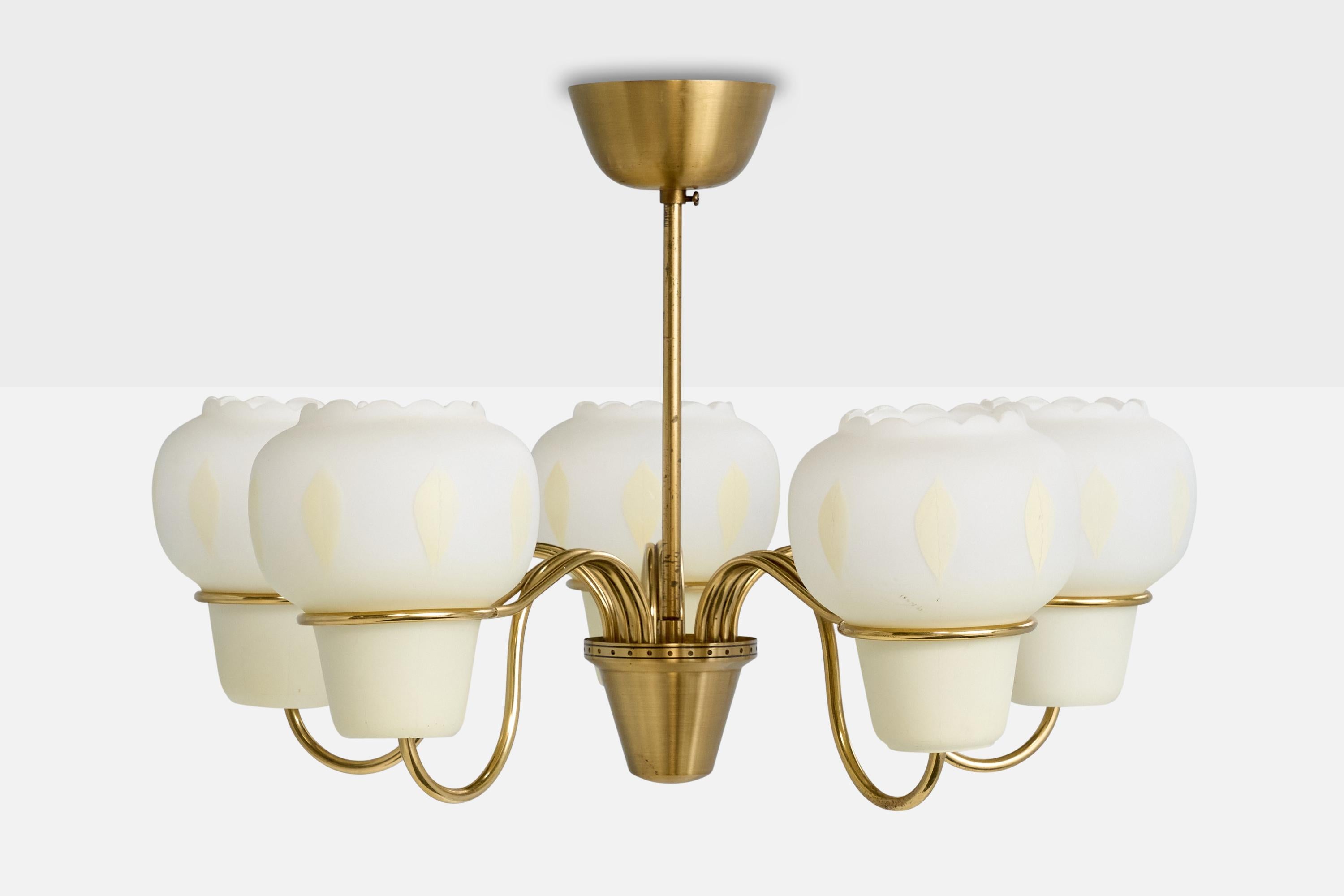 Swedish Designer, Chandelier, Brass, Glass, Sweden, 1950s In Good Condition For Sale In High Point, NC