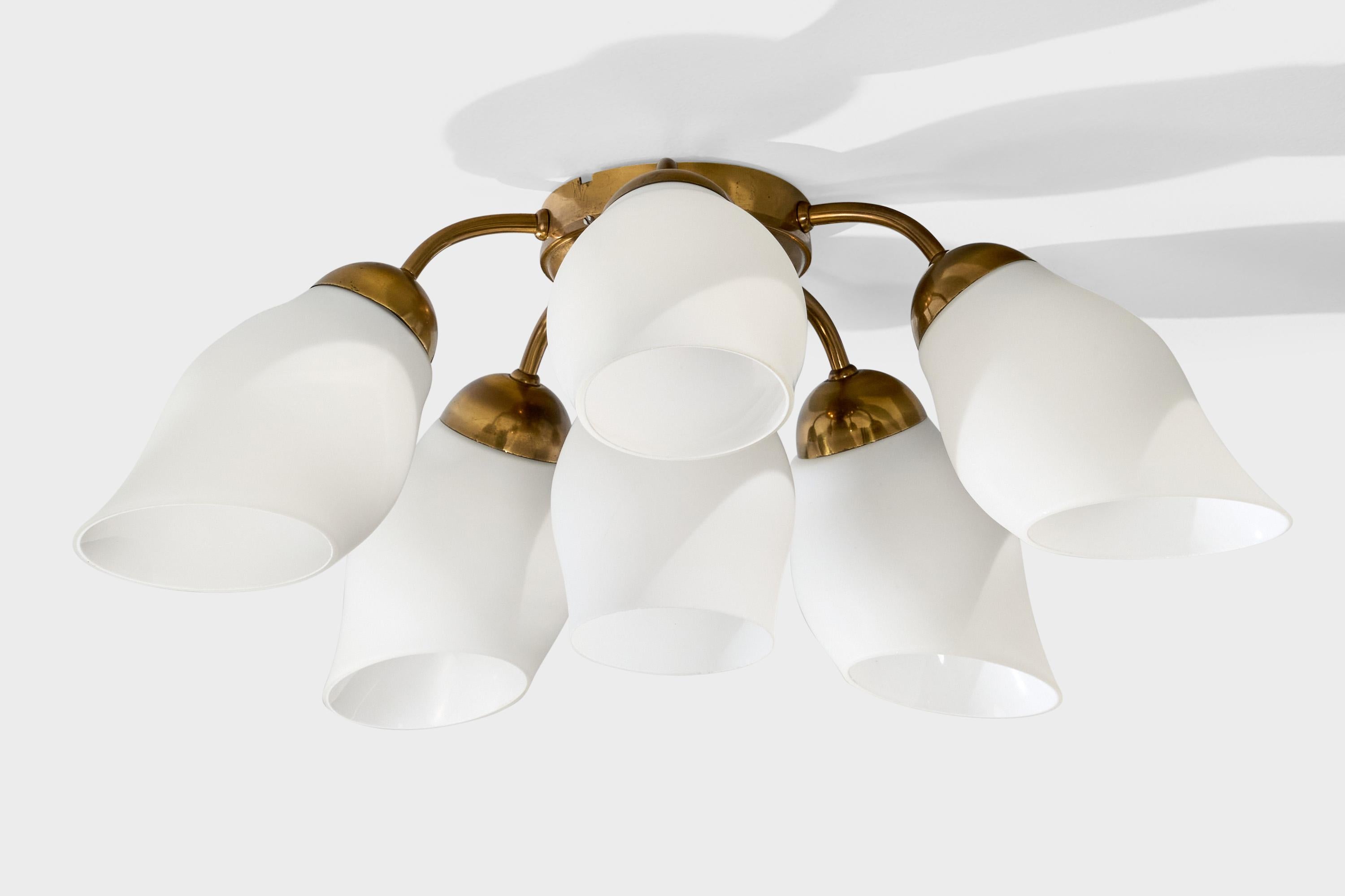 Swedish Designer, Chandelier, Brass, Glass, Sweden, 1950s In Good Condition For Sale In High Point, NC