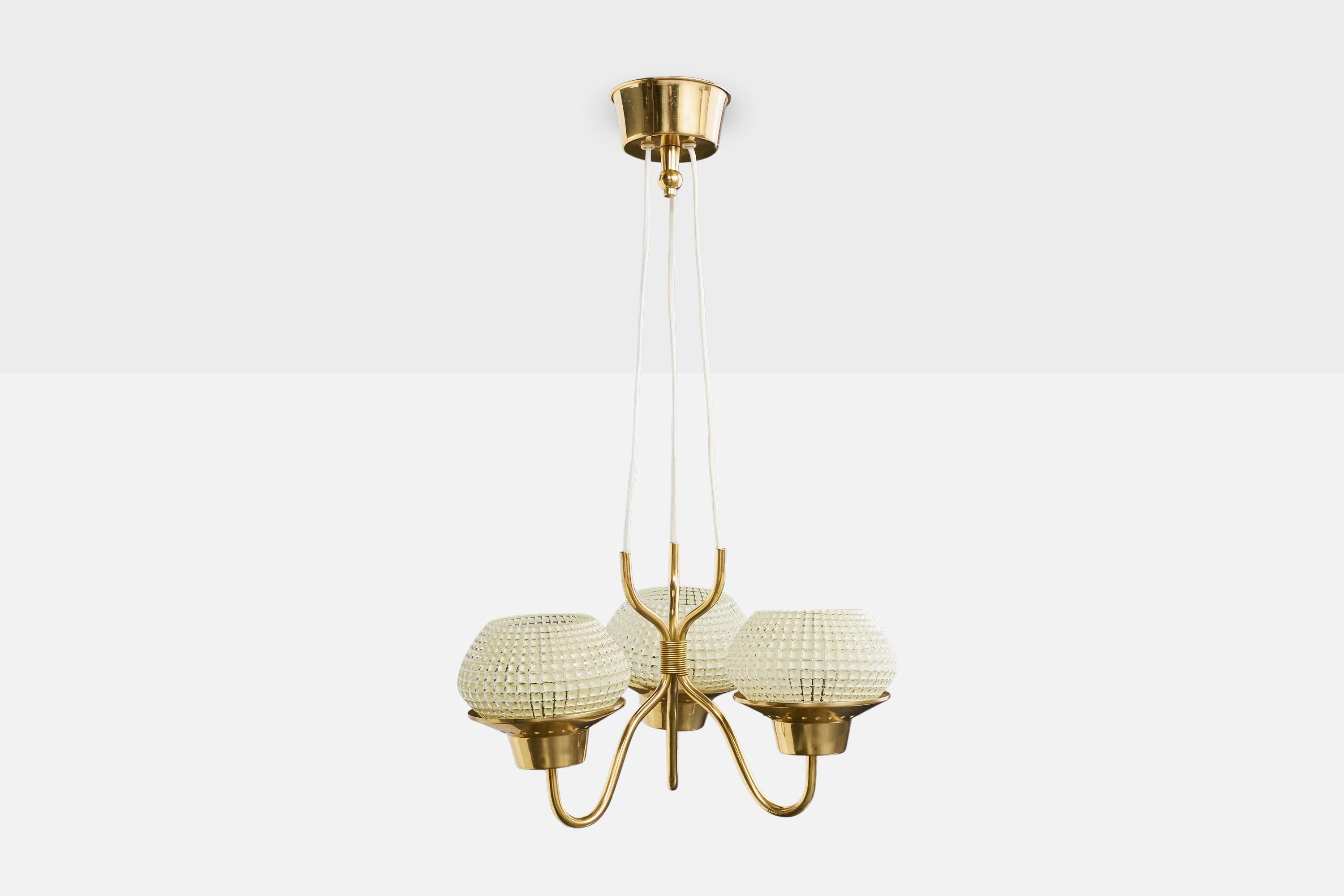 Mid-Century moderno Lampadario di design svedese, ottone, vetro, Svezia, anni '1950 in vendita