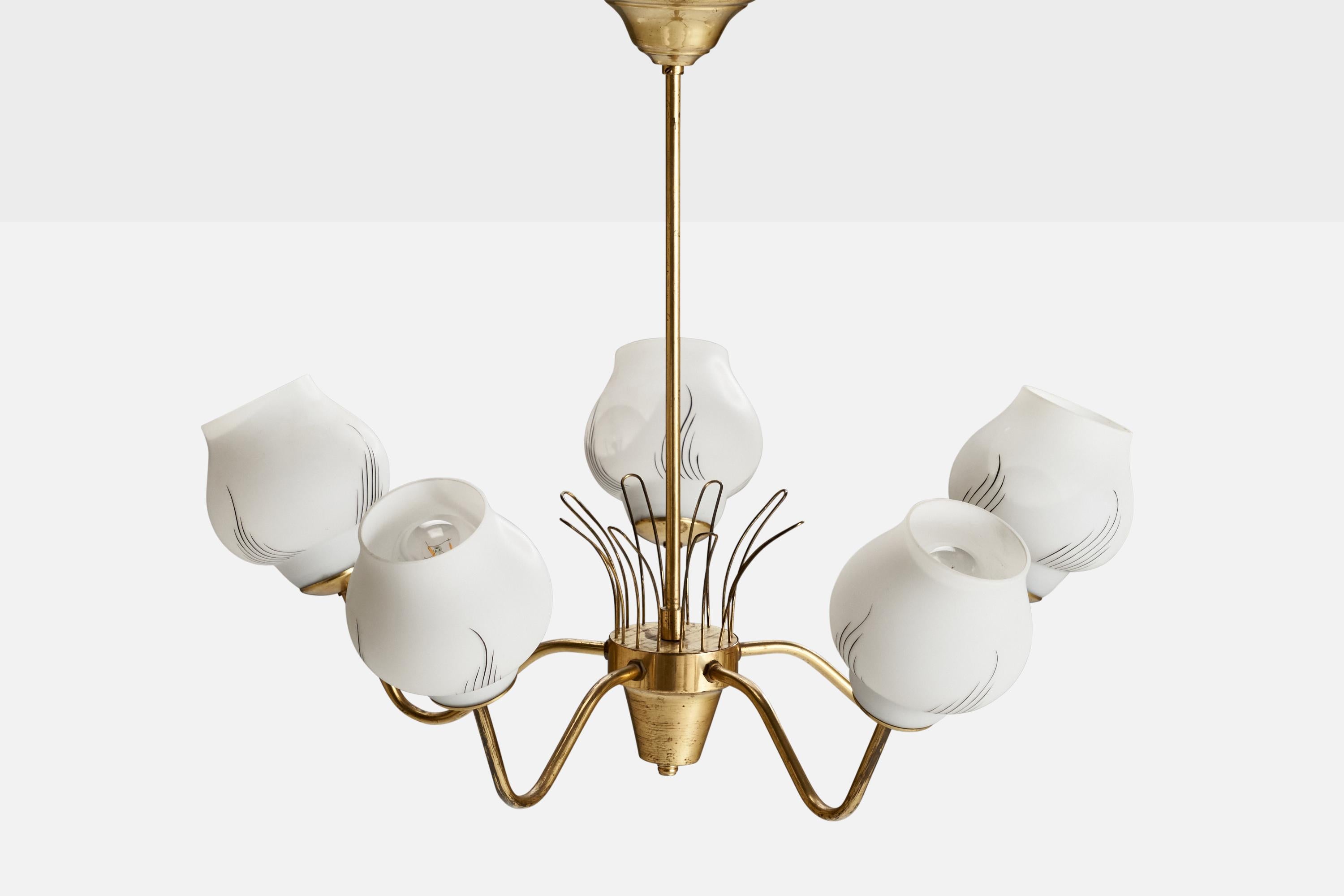 Swedish Designer, Chandelier, Brass, Glass, Sweden, 1950s In Good Condition For Sale In High Point, NC