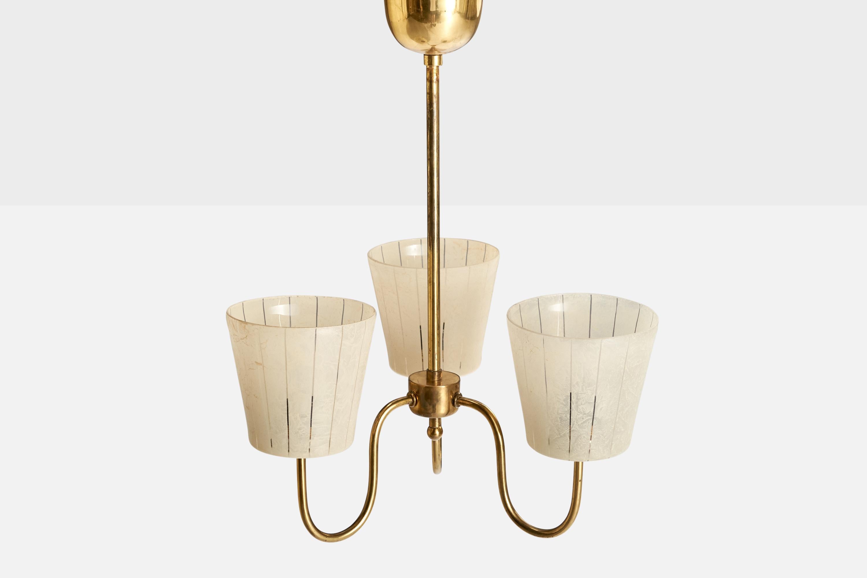 Swedish Designer, Chandelier, Brass, Glass, Sweden, 1950s In Good Condition For Sale In High Point, NC