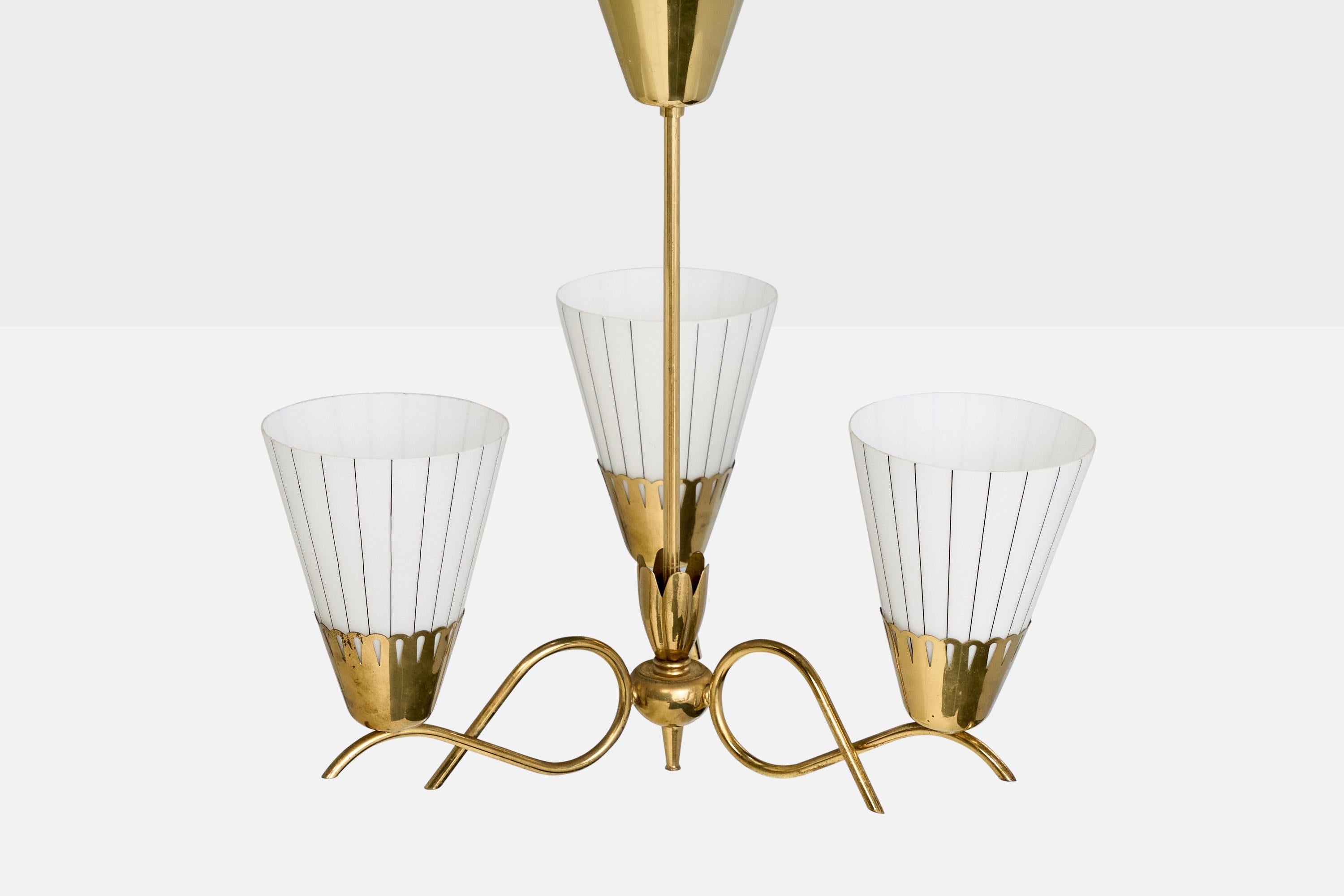 Swedish Designer, Chandelier, Brass, Glass, Sweden, 1950s In Good Condition For Sale In High Point, NC